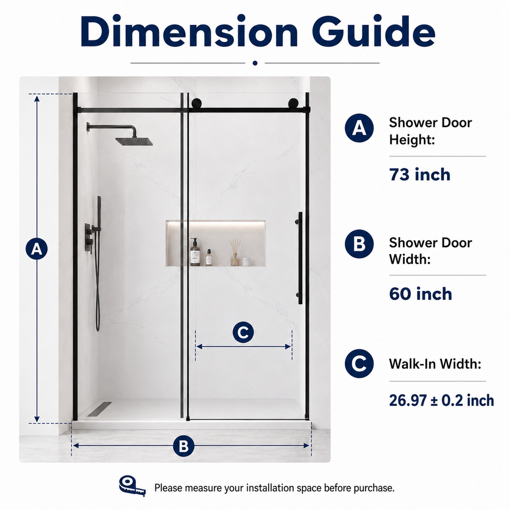 60" W x 73" H Soft Closing Sliding Frameless Shower Door