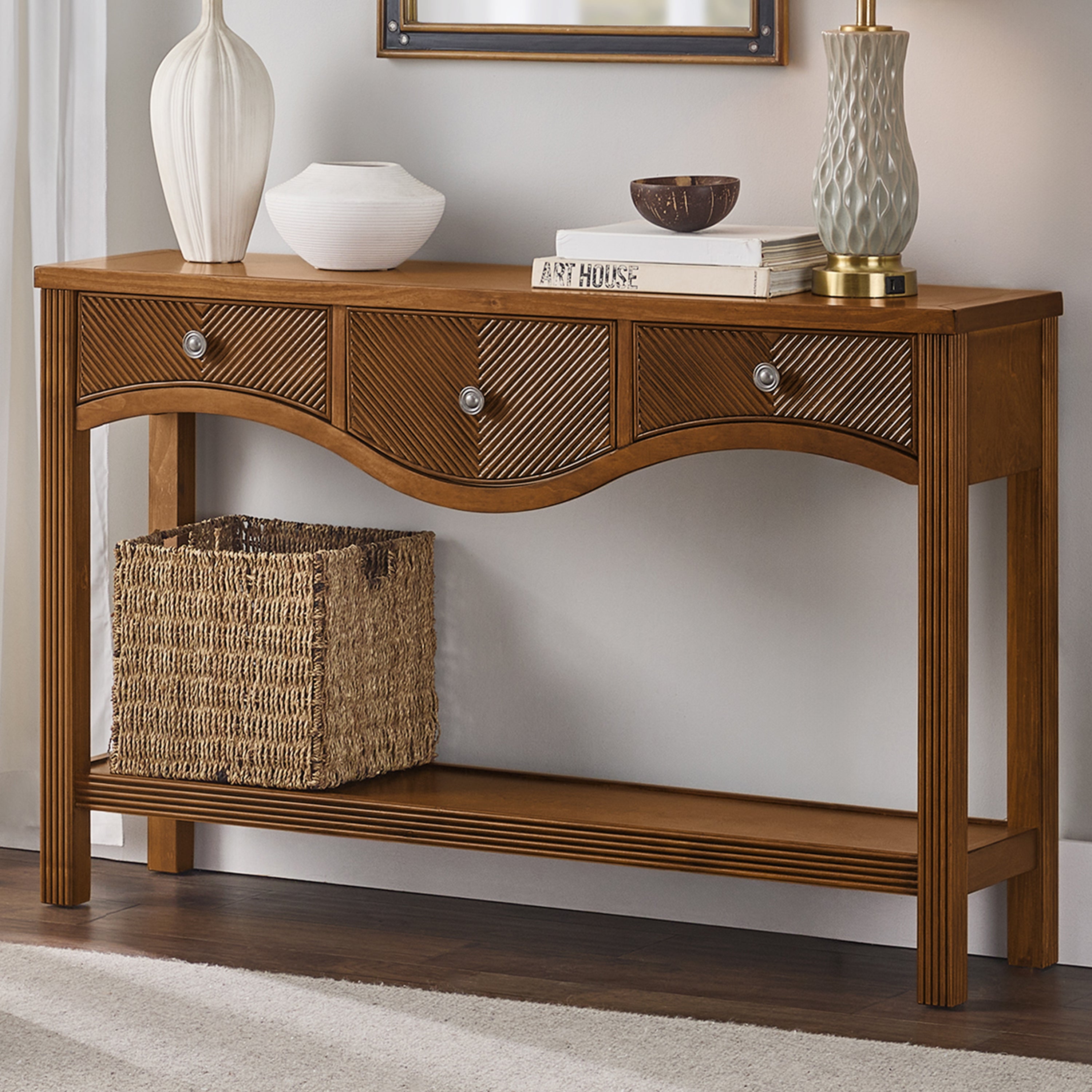 52'' Fluted Wood Console Table with 3 Drawers