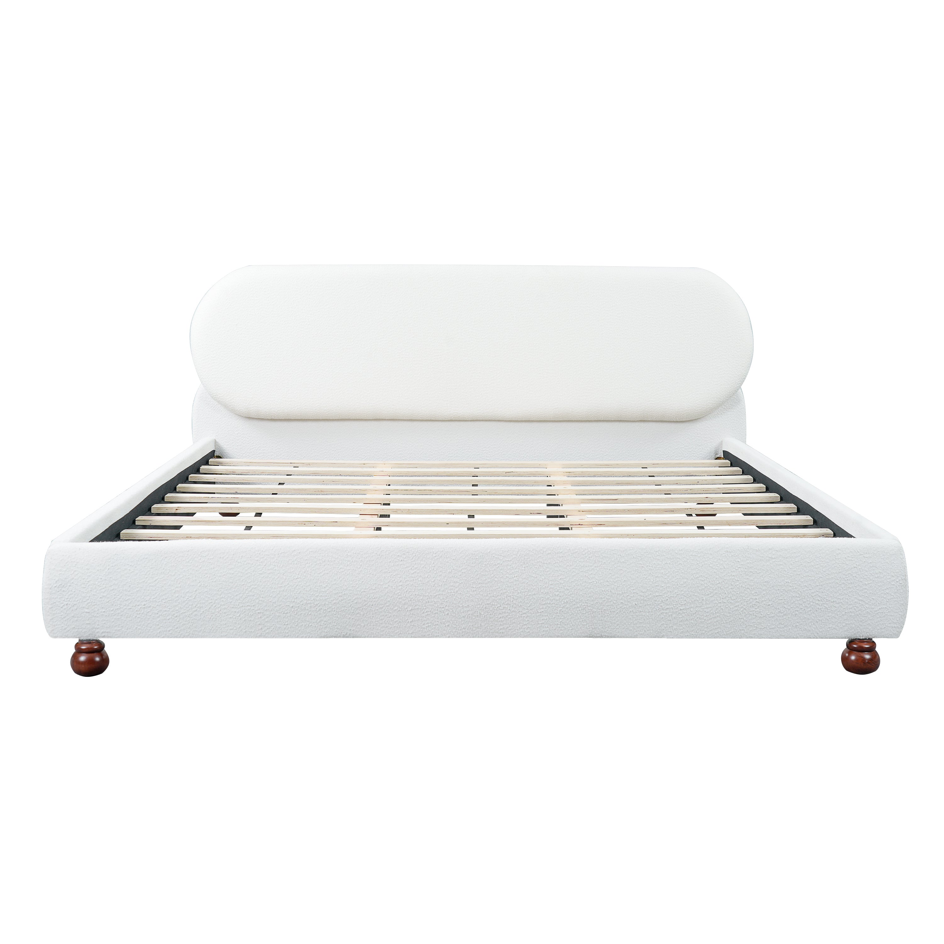 Cream-Colored Boucle Upholstered Bed with Rubber Wood Foot - King