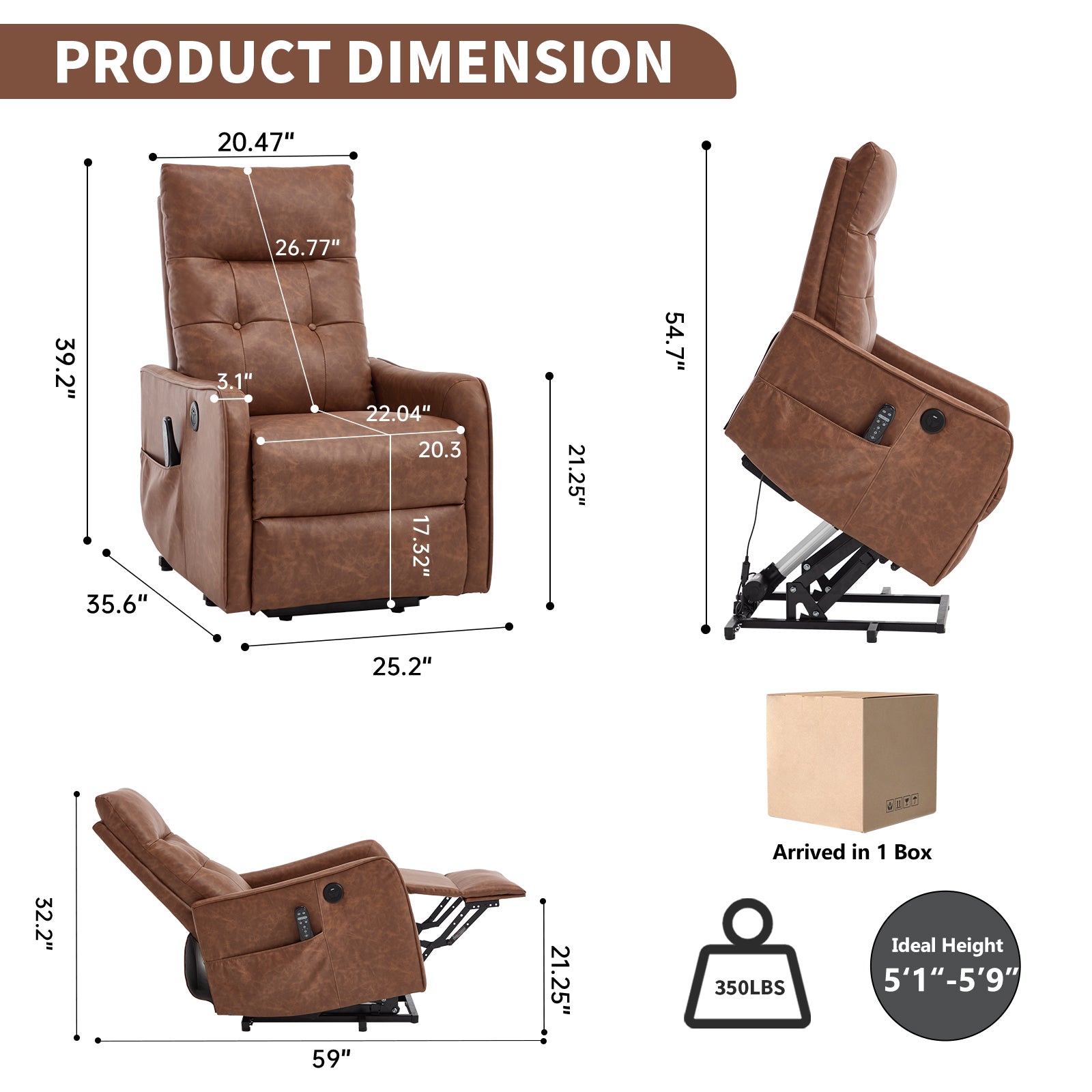 Brown PU Single Motor Power Lift Recliner Chair with Massage and Heat