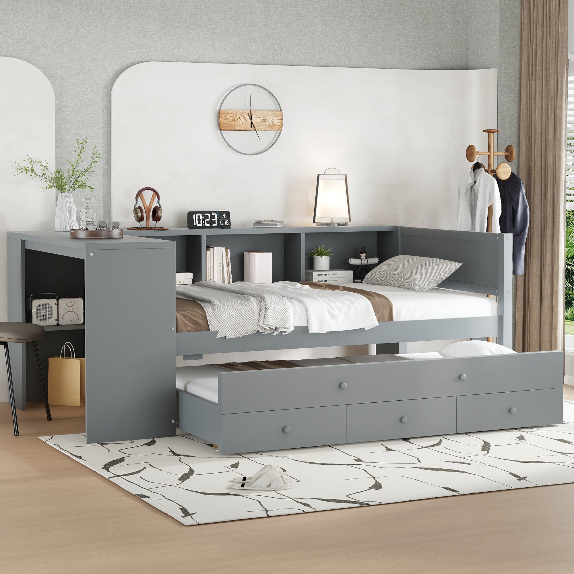 Twin Size Daybed with Trundle, Wood Frame and Storage
