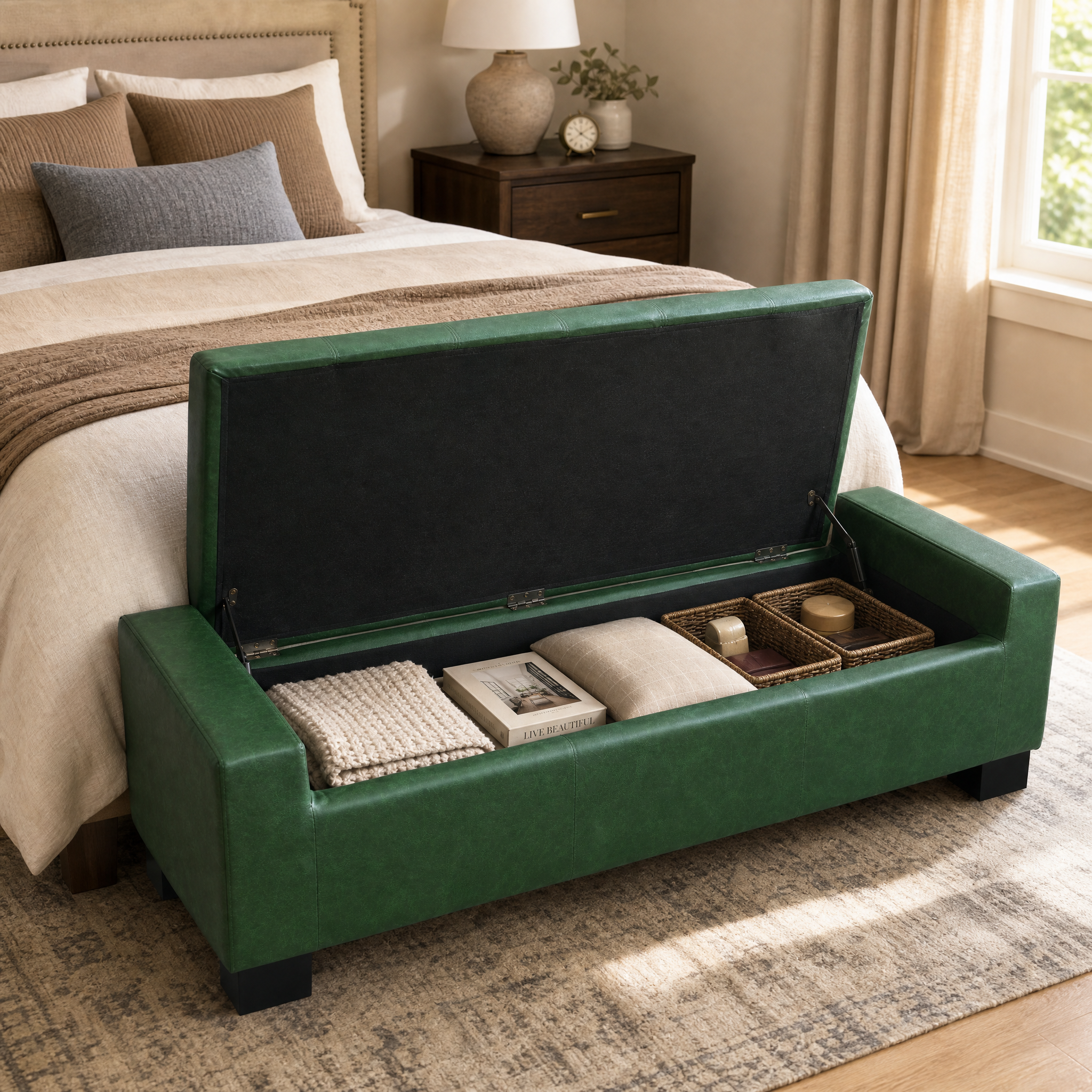 Green Storage Ottoman Bench with Solid Wood Legs
