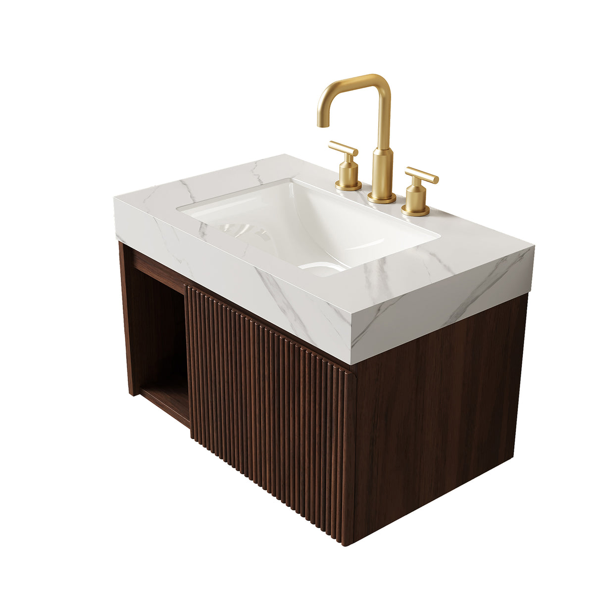 EIDEN 30-Inch Floating Bathroom Vanity with Ceramic Sink, Carrara White and Walnut