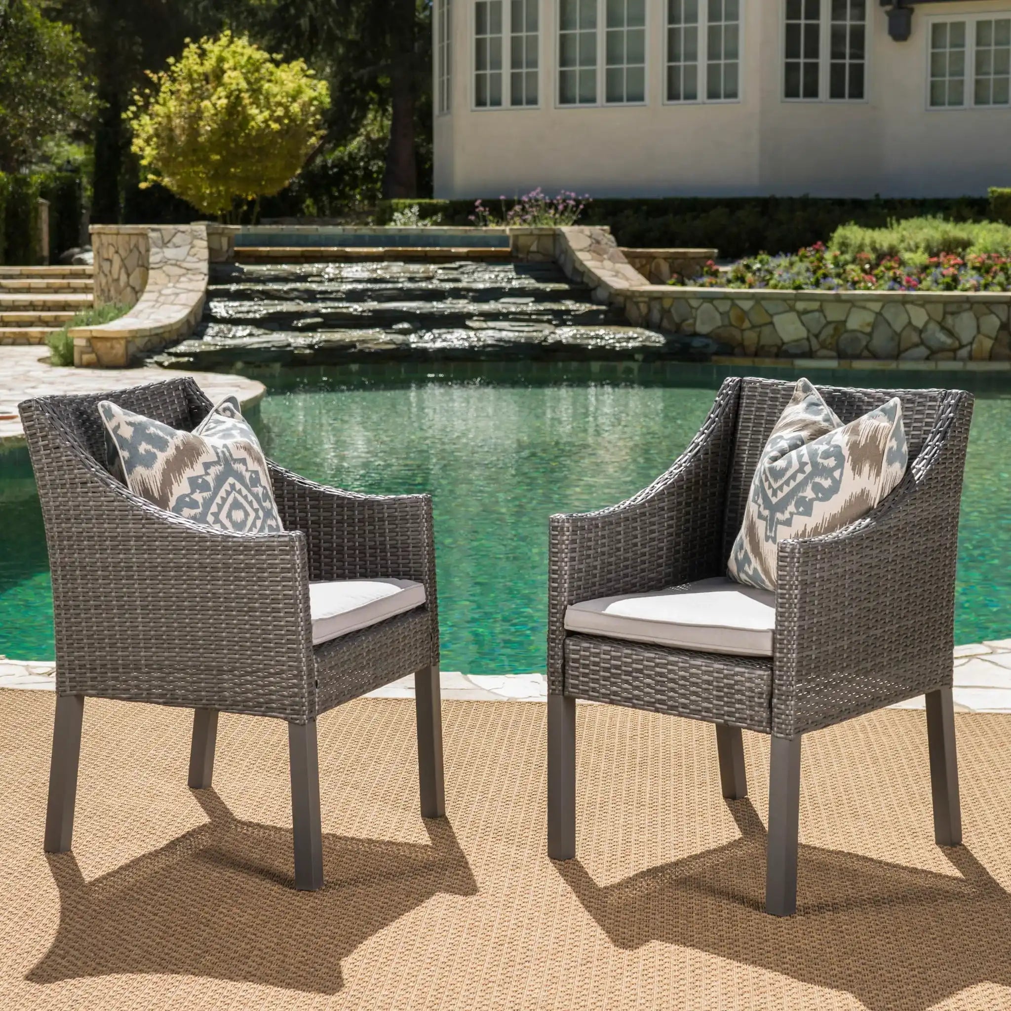 Outdoor Rattan Dining Chair With Straight Legs and Sloped Arms (Set of 2)