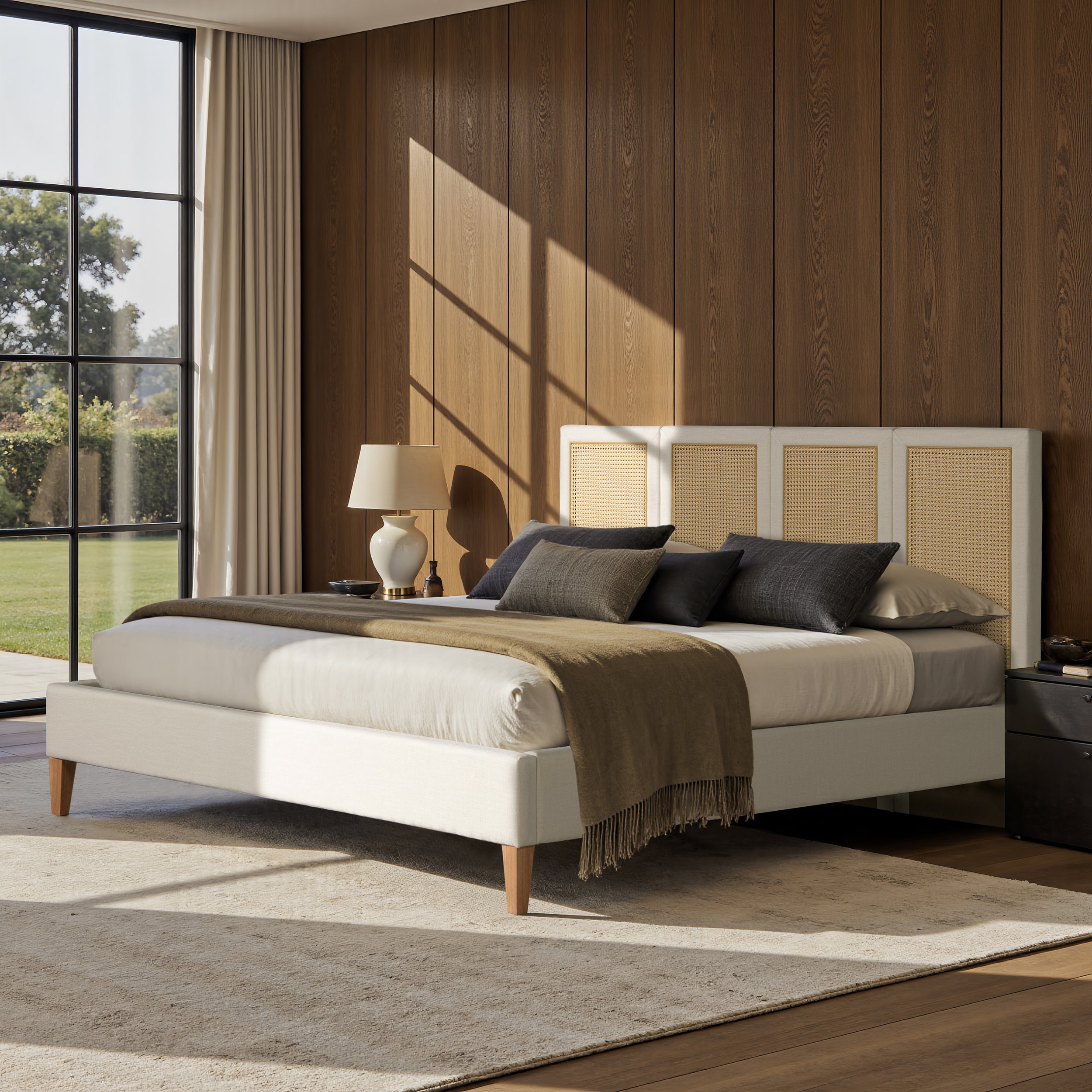 Toscana King Upholstered Cane Back Platform Bed, Antique