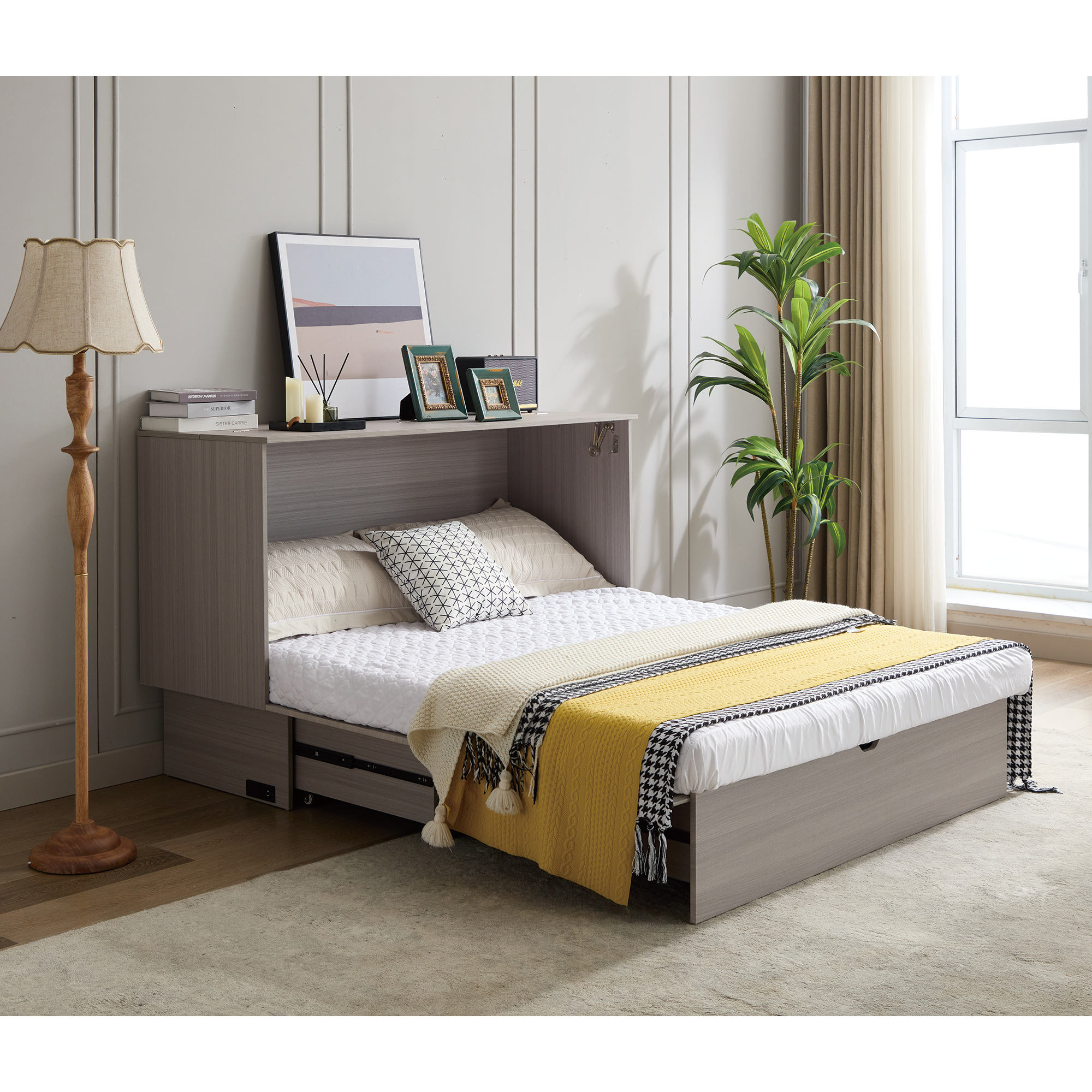 Cabinet Bed with Storage, Queen Bed, Folding Foam Mattress