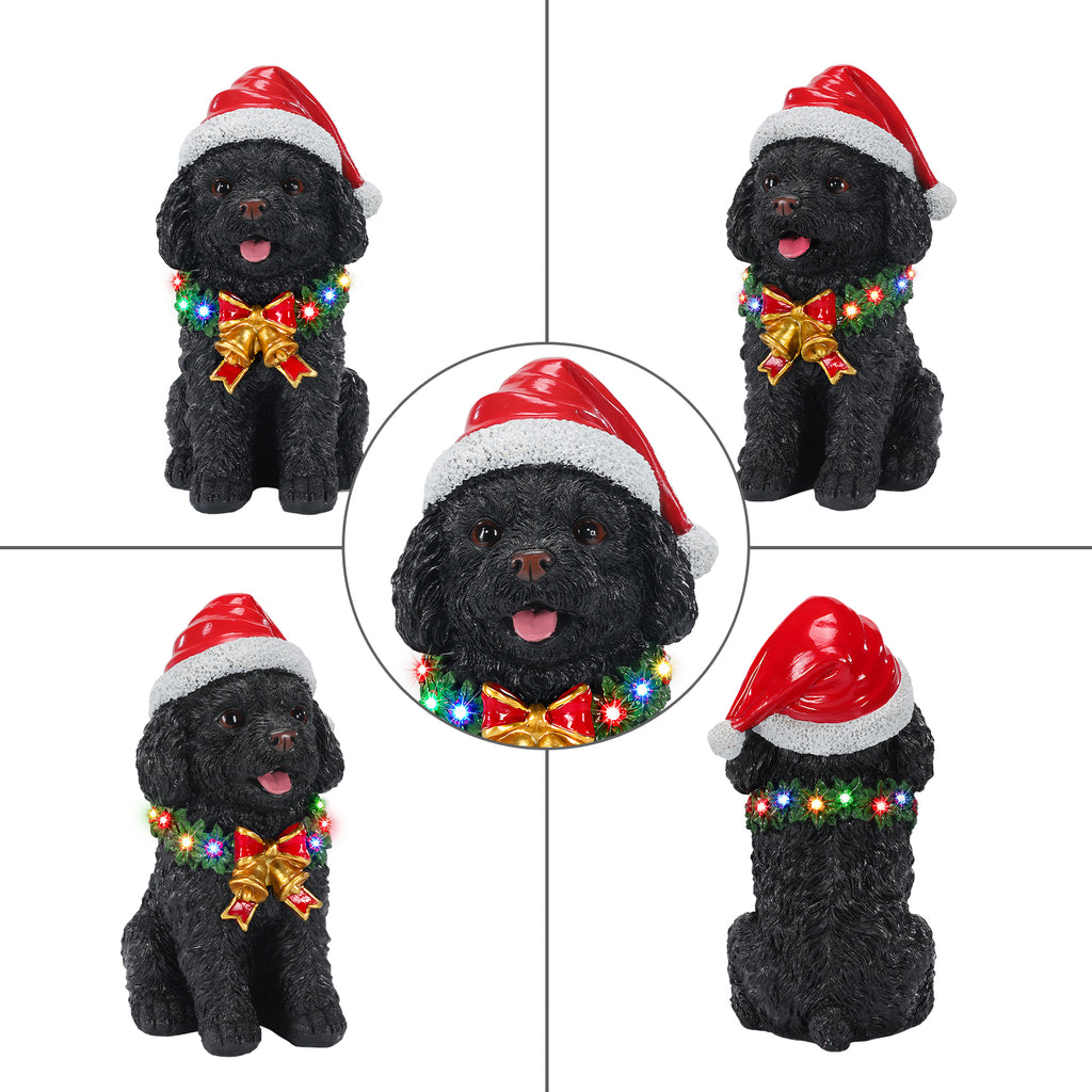 Lighted Christmas Teddy Poodle Dog Statue, Santa Hat Puppy Figurine, Black