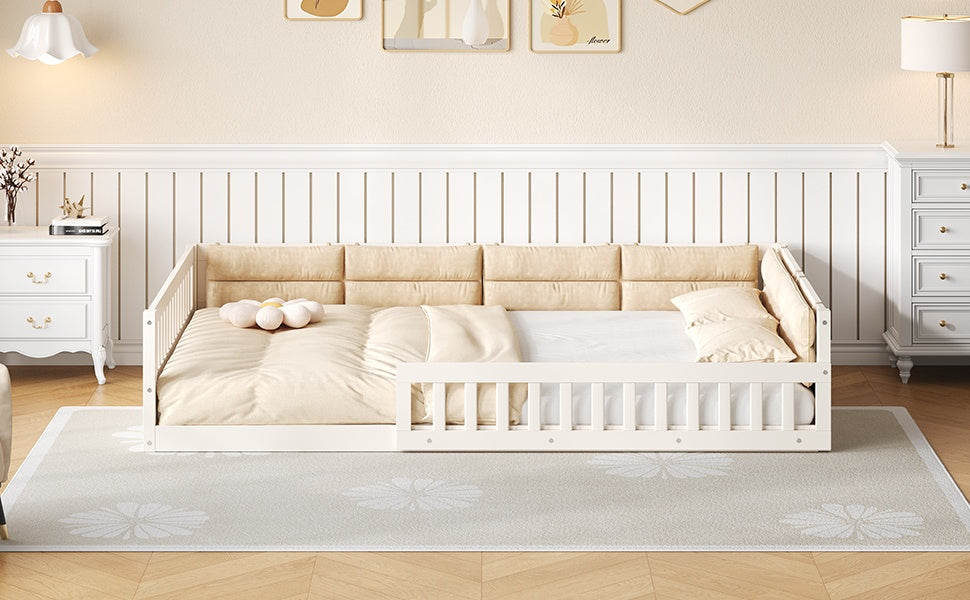 Wood Full Size Upholstered Platform Bed with Guardrail and Pillow