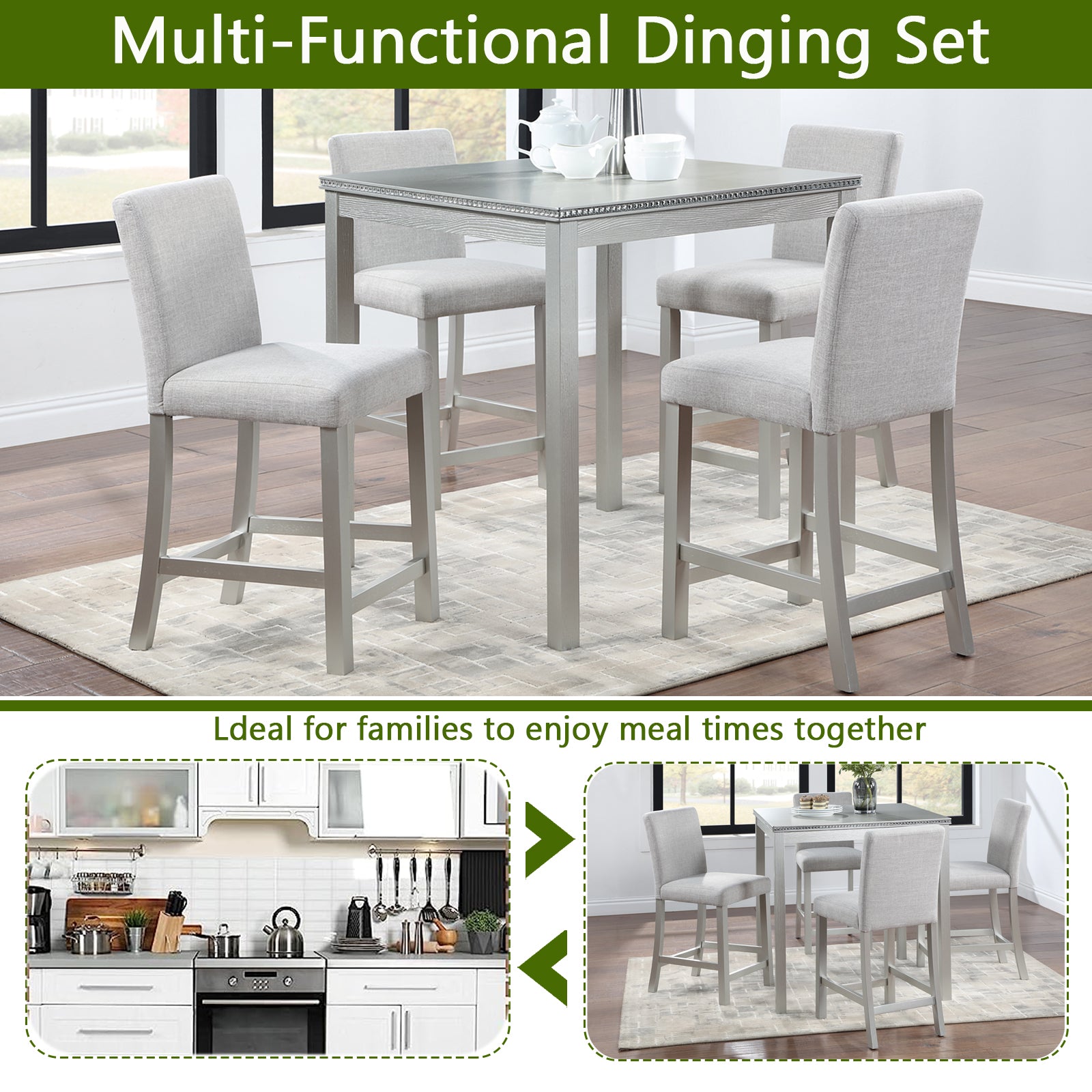 5 Piece Counter Height Table Set with Upholstered Chairs