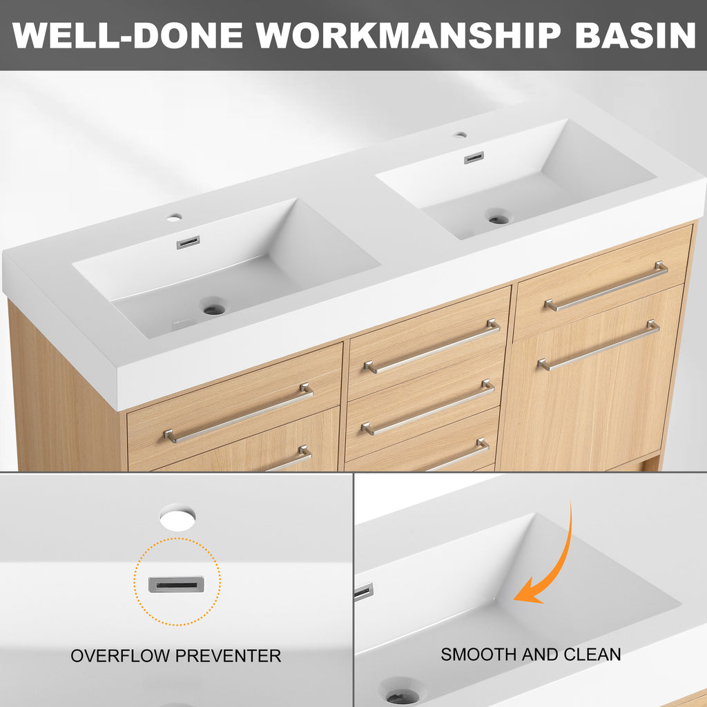 60" Freestanding Bathroom Vanity with Double Resin Sink