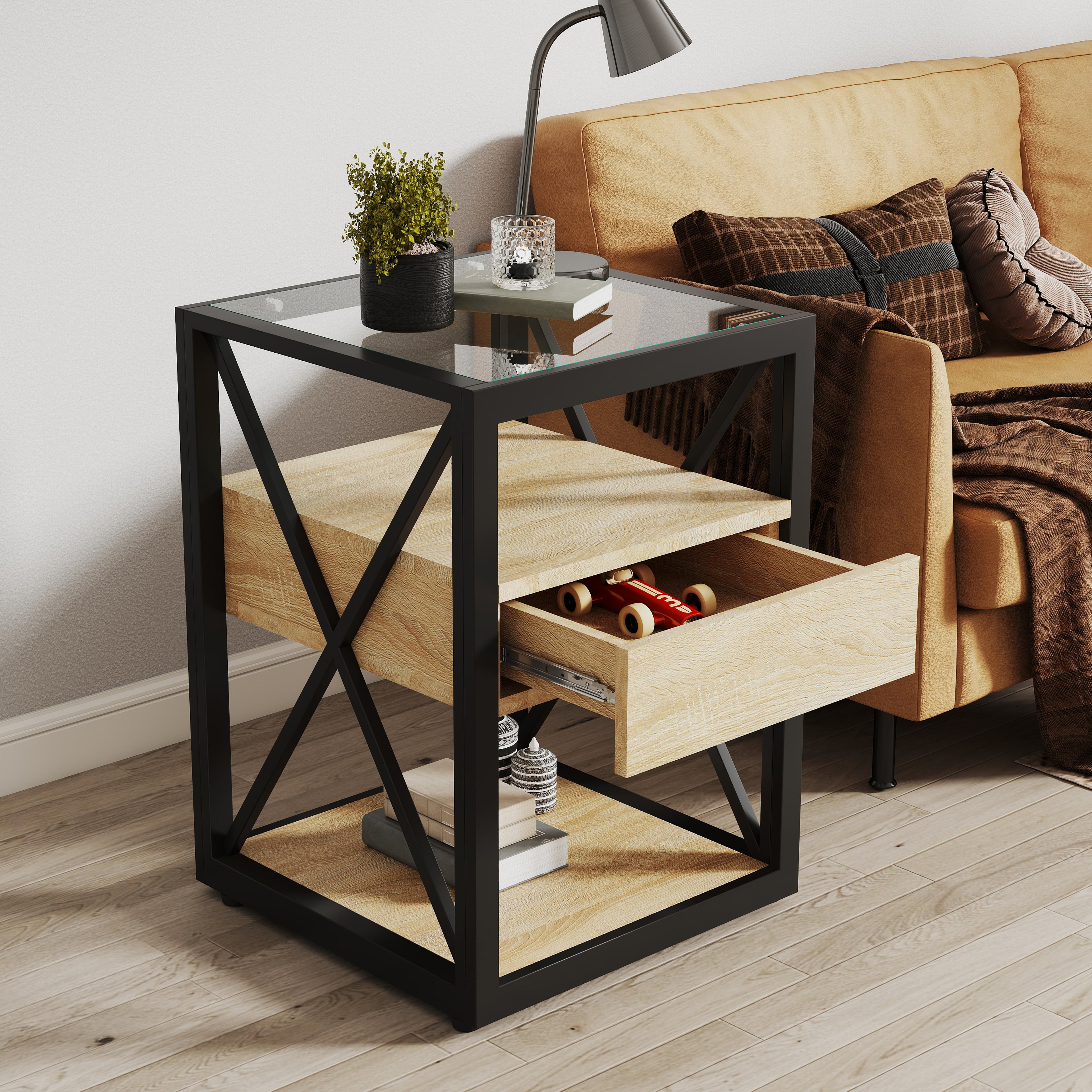 Modern End Table with Drawer - Nightstand for Bedroom & Living Room