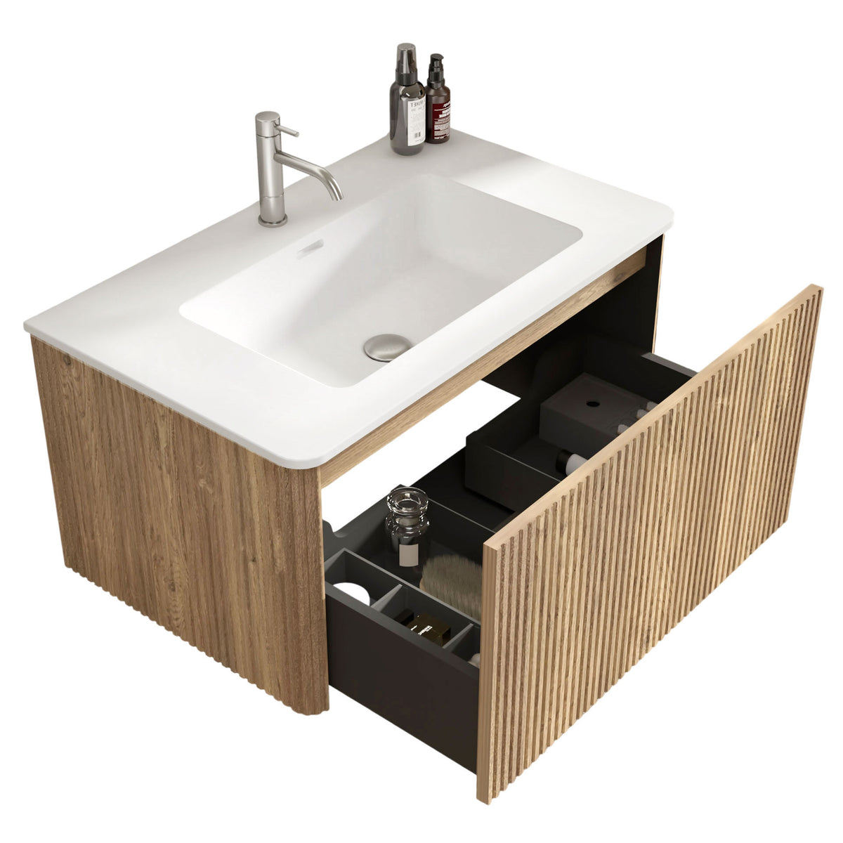 Etna 30-Inch Oak Striped Bathroom Vanity with White Solid Surface Sink