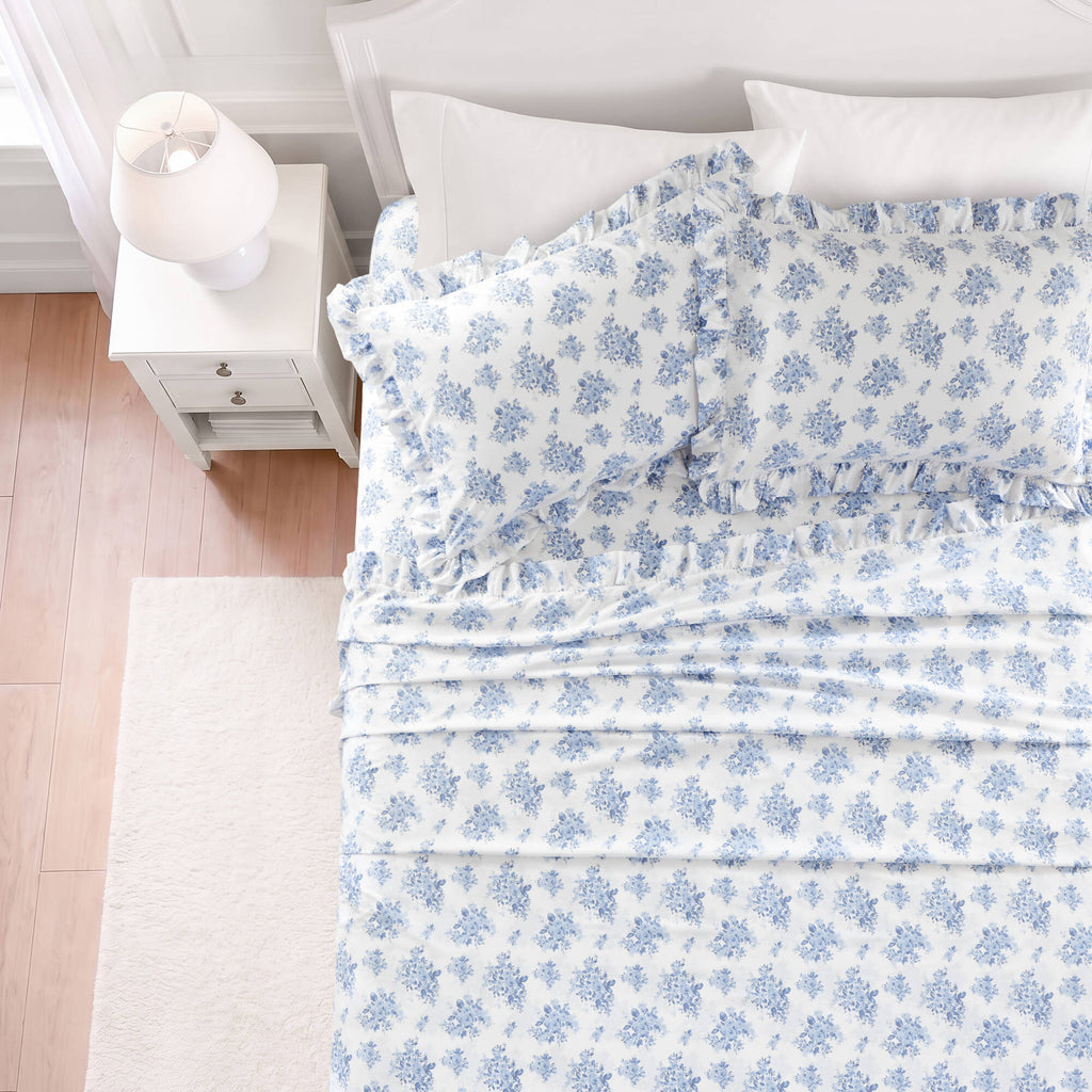 4-Piece King Microfiber Sheet Set, Blue Floral, Ruffled Hem
