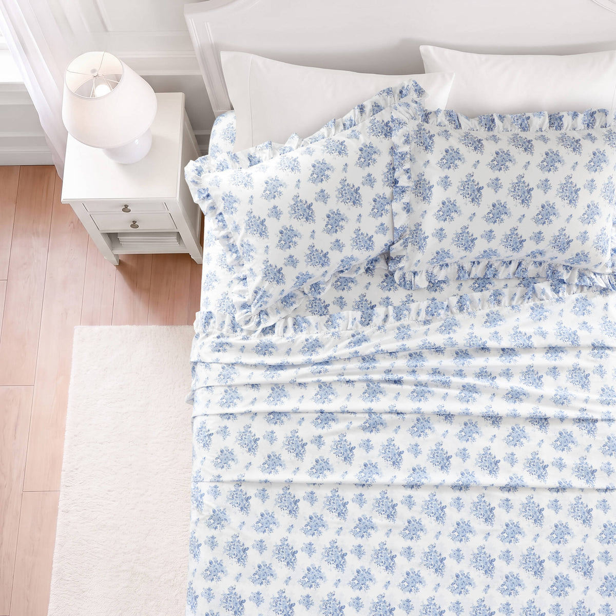 4-Piece King Microfiber Sheet Set, Blue Floral, Ruffled Hem