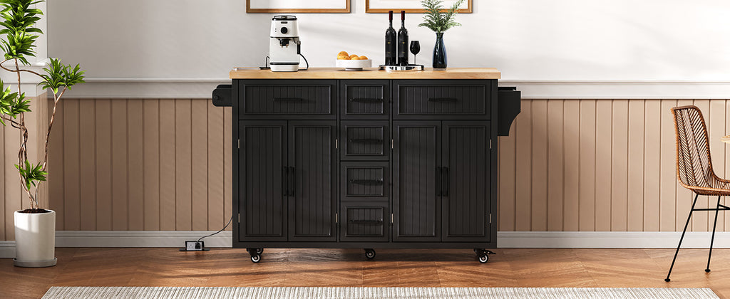 K&K 56.5'' Kitchen Island with Drop Leaf and Power Outlet