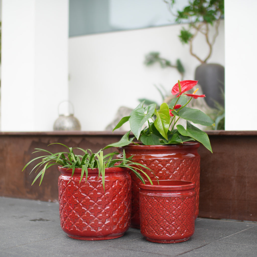Handmade Ceramic Planter Set of 3 in Burgundy Diamond-Pattern
