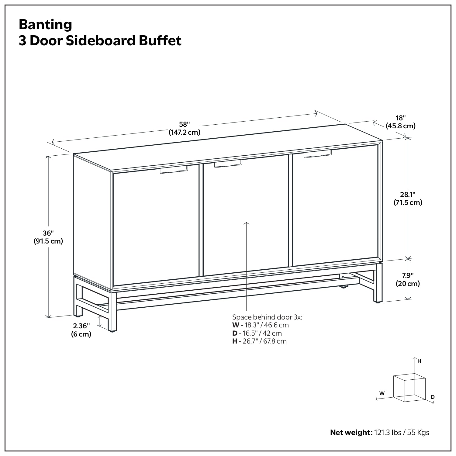 Banting 58 Inch Wide 3 Door Sideboard Buffet