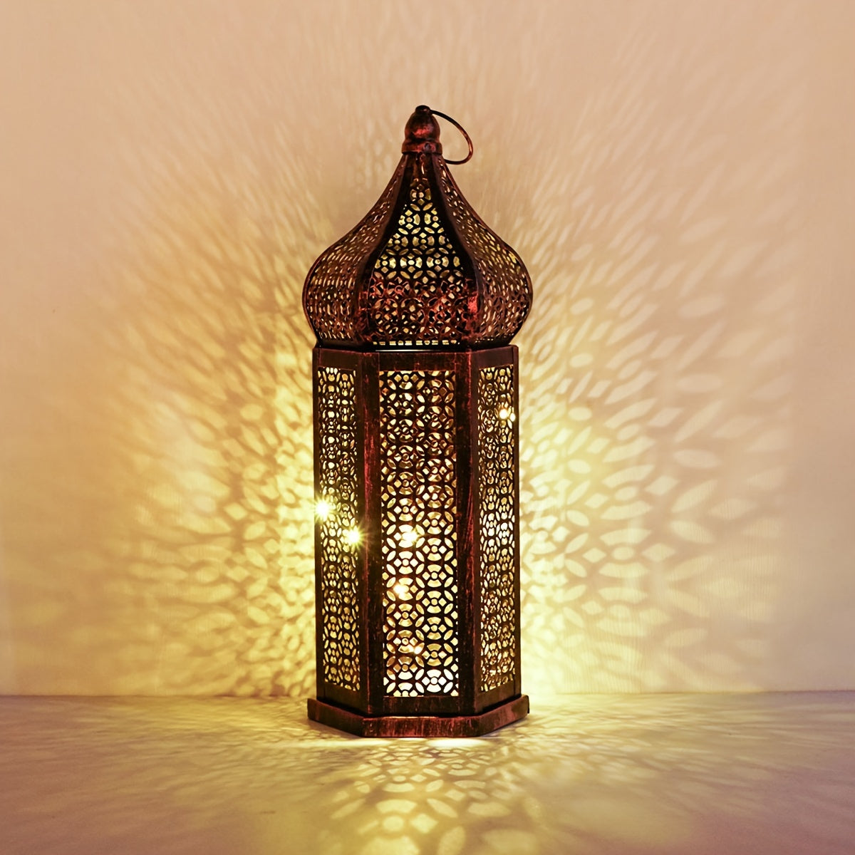 Moroccan LED Lantern Rustic Vintage Metal Table Lamp for Home Decor Boho Style
