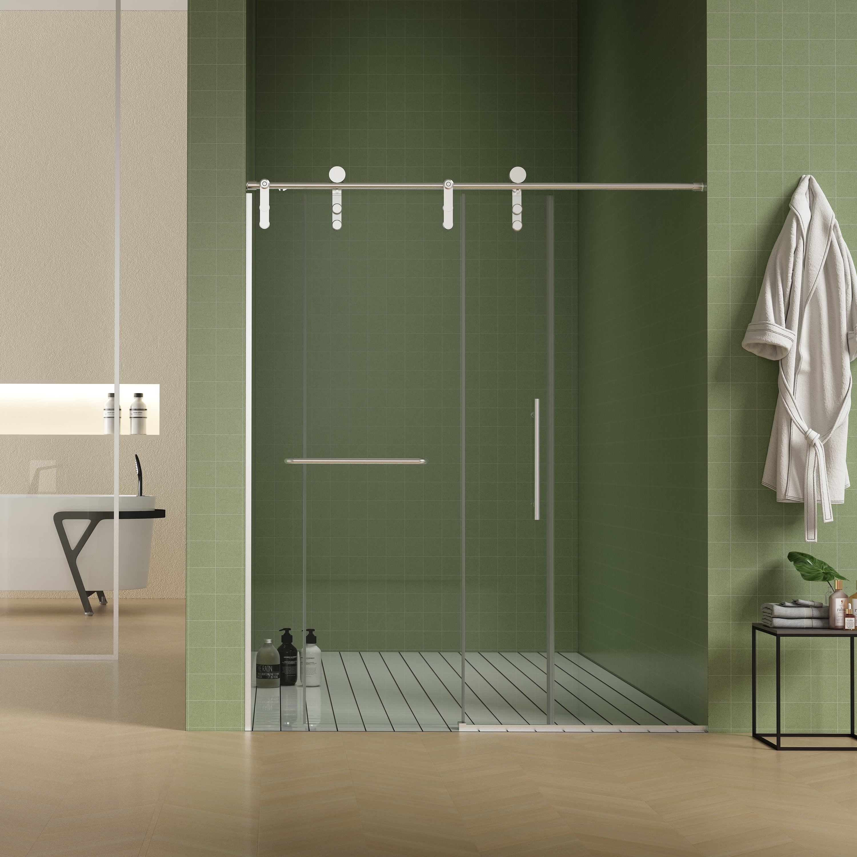 56"-60"W x 70"H Frameless Shower Door with Towel Bar