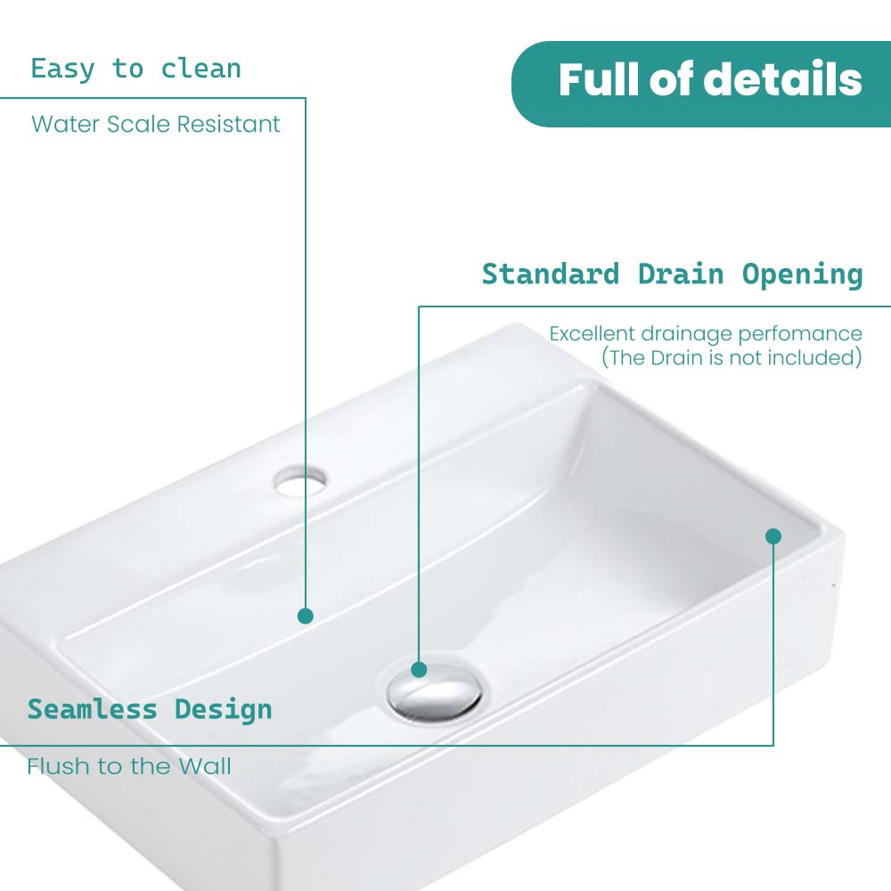 20"x14" Integrated Glossy White Ceramic Sink