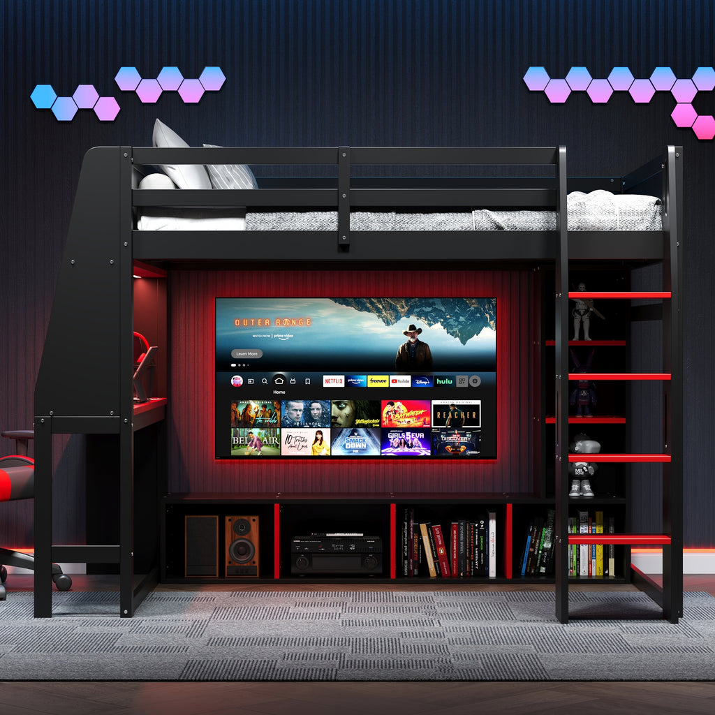 Wood Full Size Gaming Loft Bed with Desk, Multi-storage Shelves, LED and a Hanging Clothes Rack