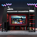 Wood Full Size Gaming Loft Bed with Desk, Multi-storage Shelves, LED and a Hanging Clothes Rack