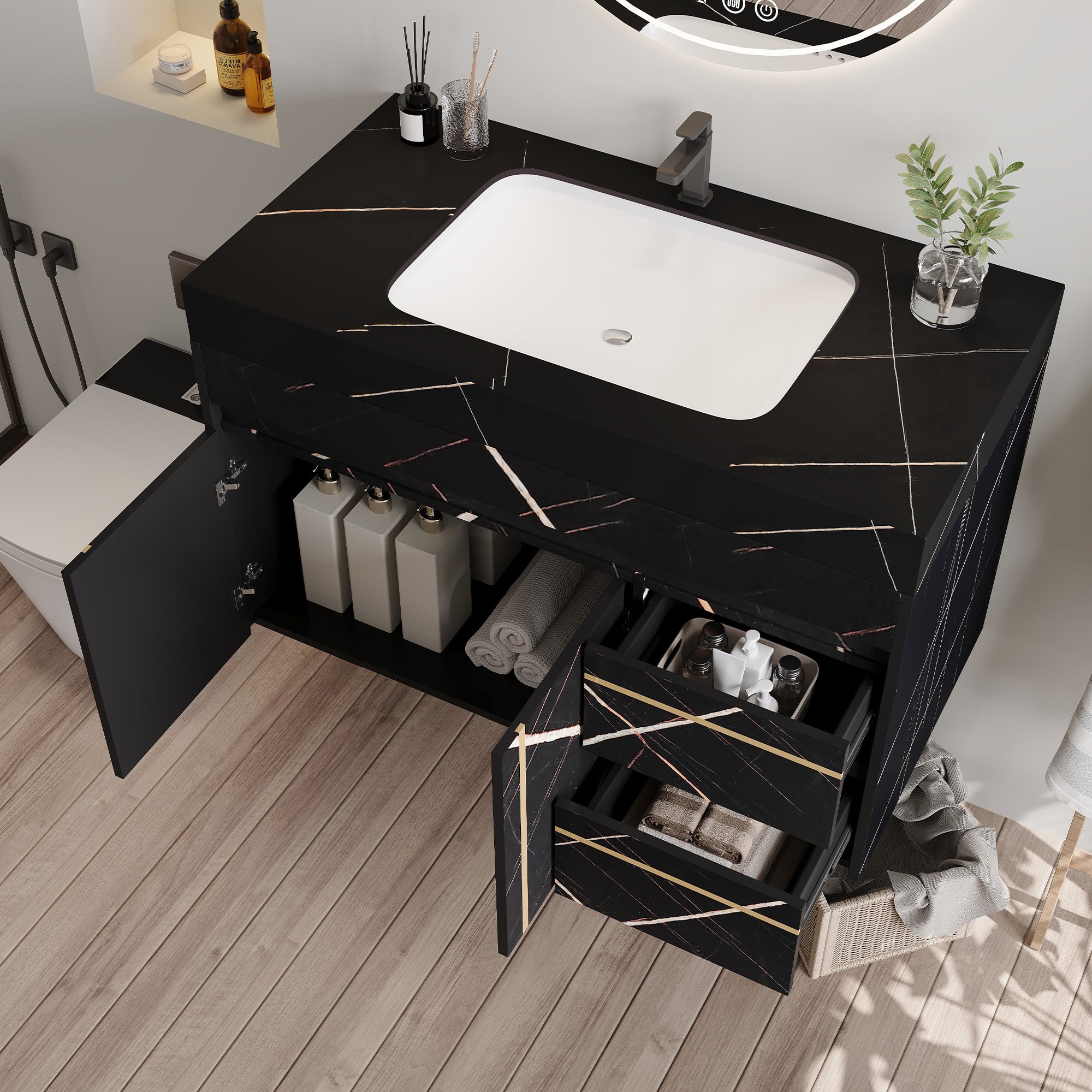 35.2 in Floating Bathroom Vanity with Sink and Faux Marble Top