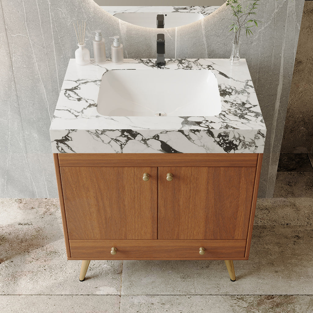 Mid-Century Freestanding Bathroom Vanity with Faux Marble Top