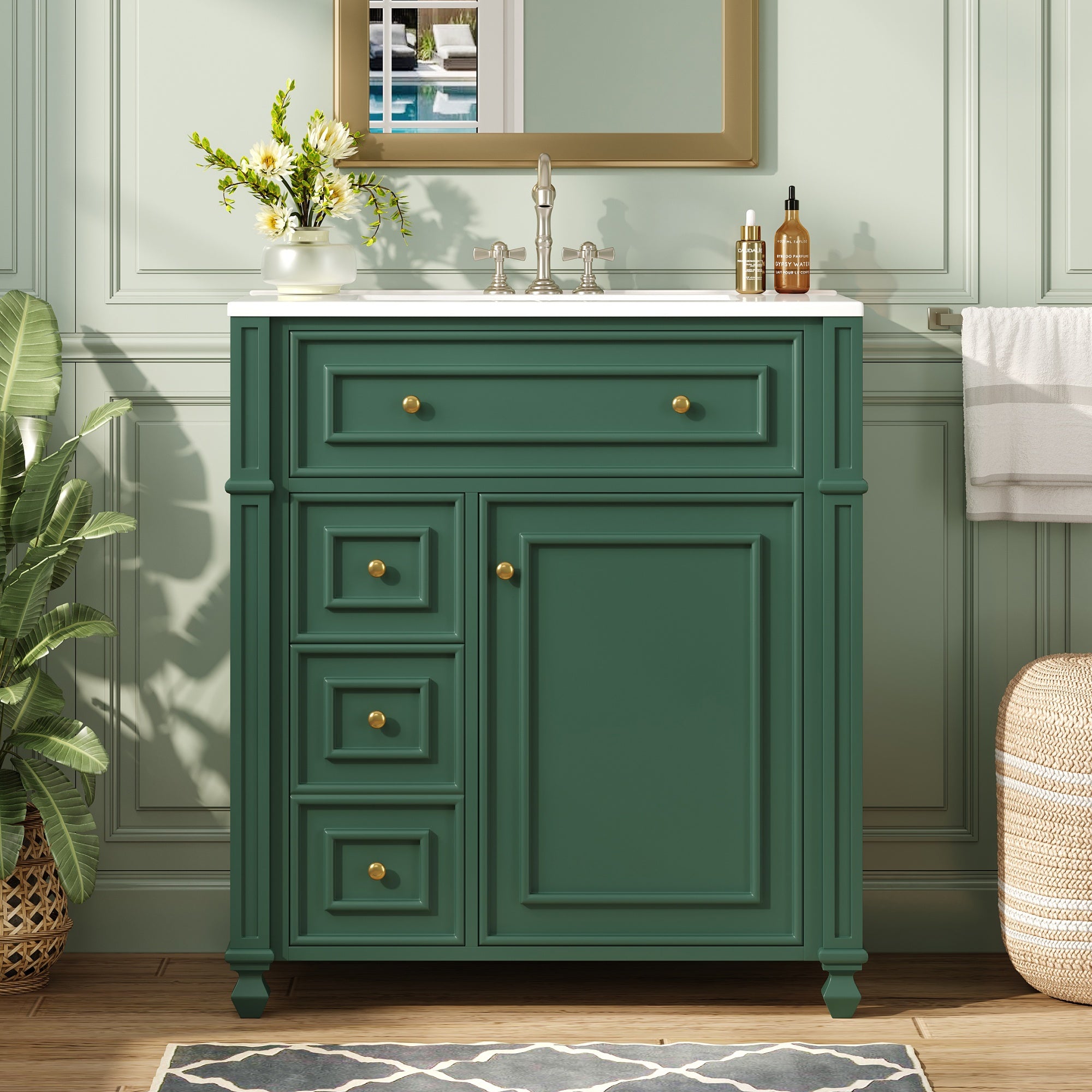 Bathroom Vanity Cabinet with Ceramic Sink Basin - 30 Inch