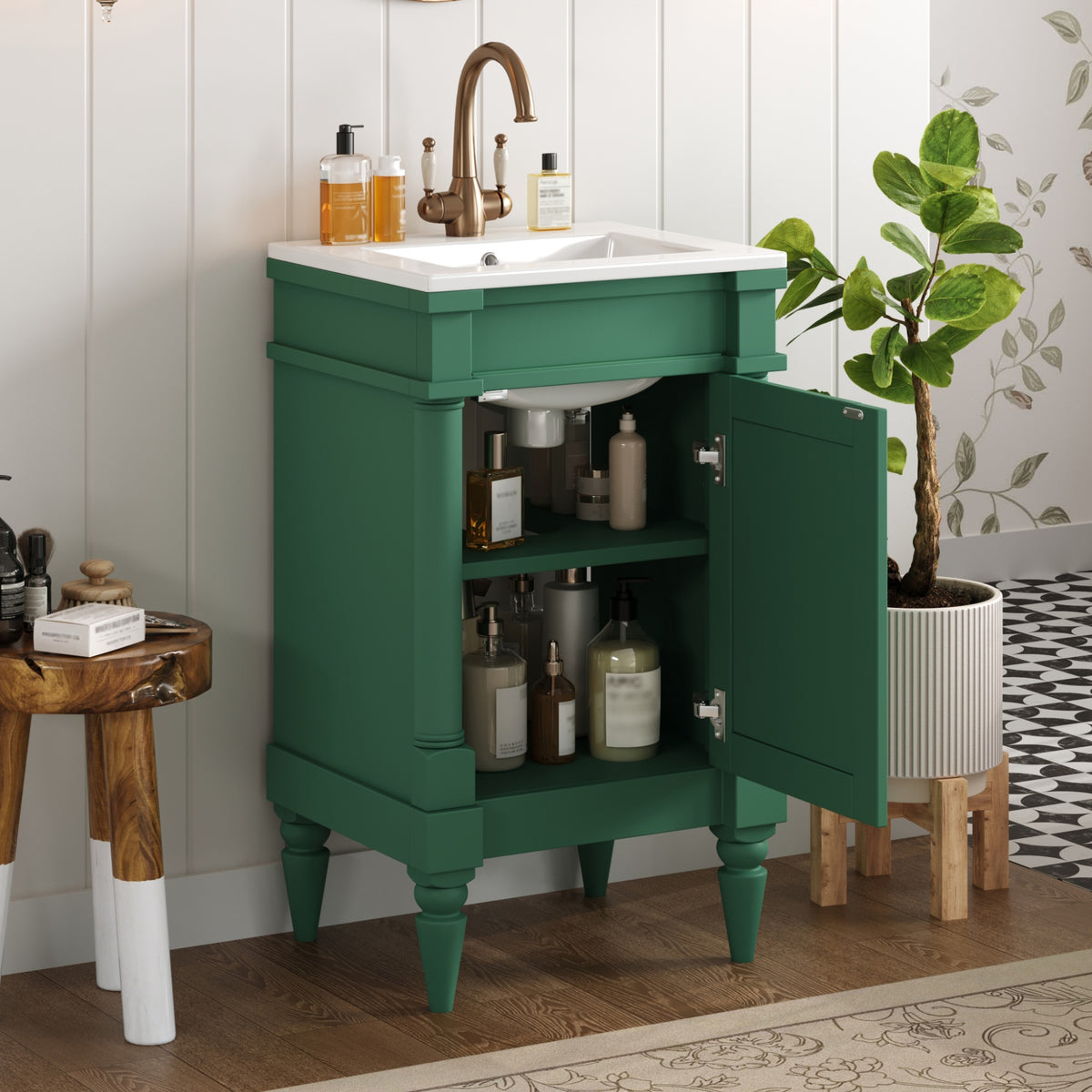 18-Inch Modern Bathroom Vanity with Ceramic Sink, Green