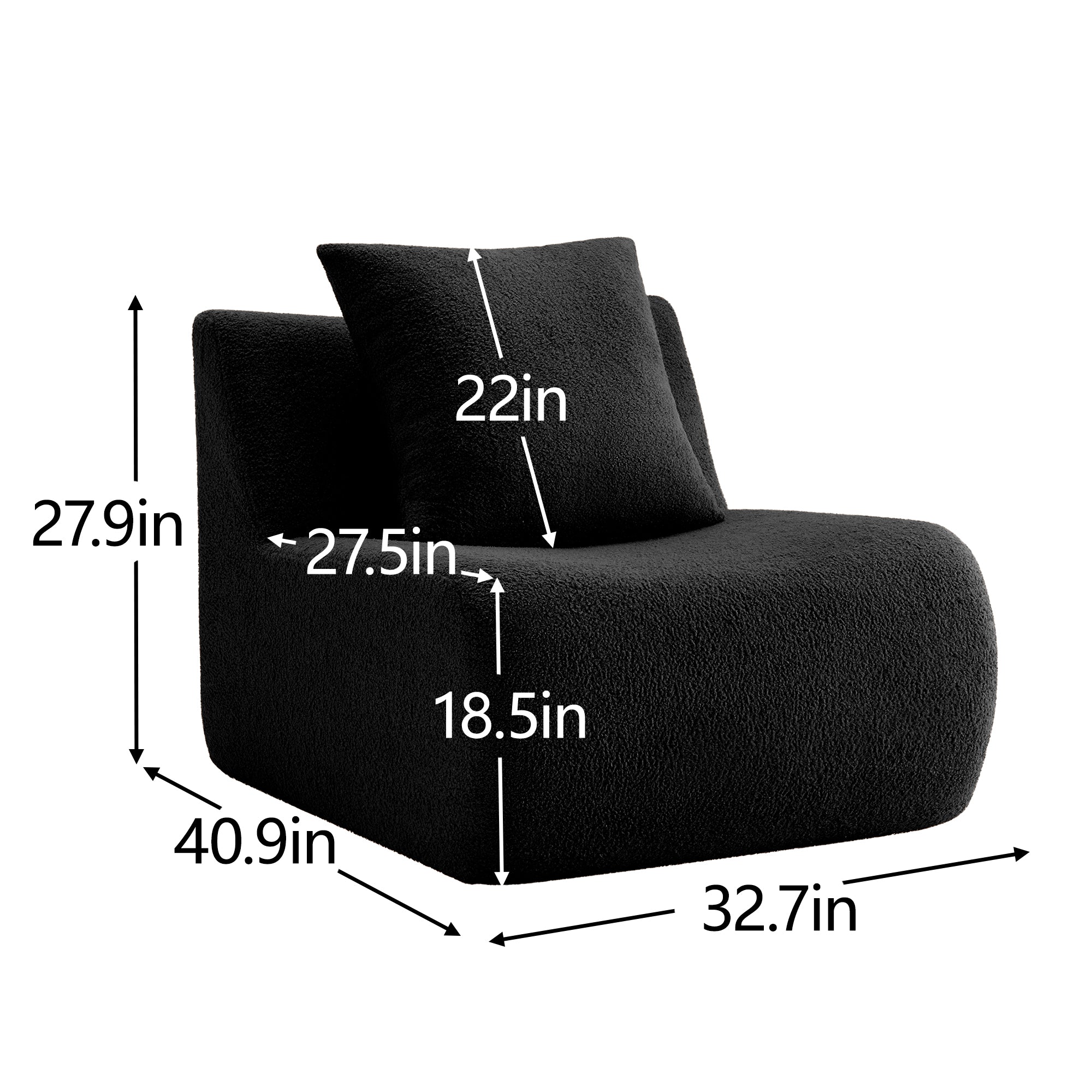 Armless Sofa With Pillow - Teddy Fabric in Black