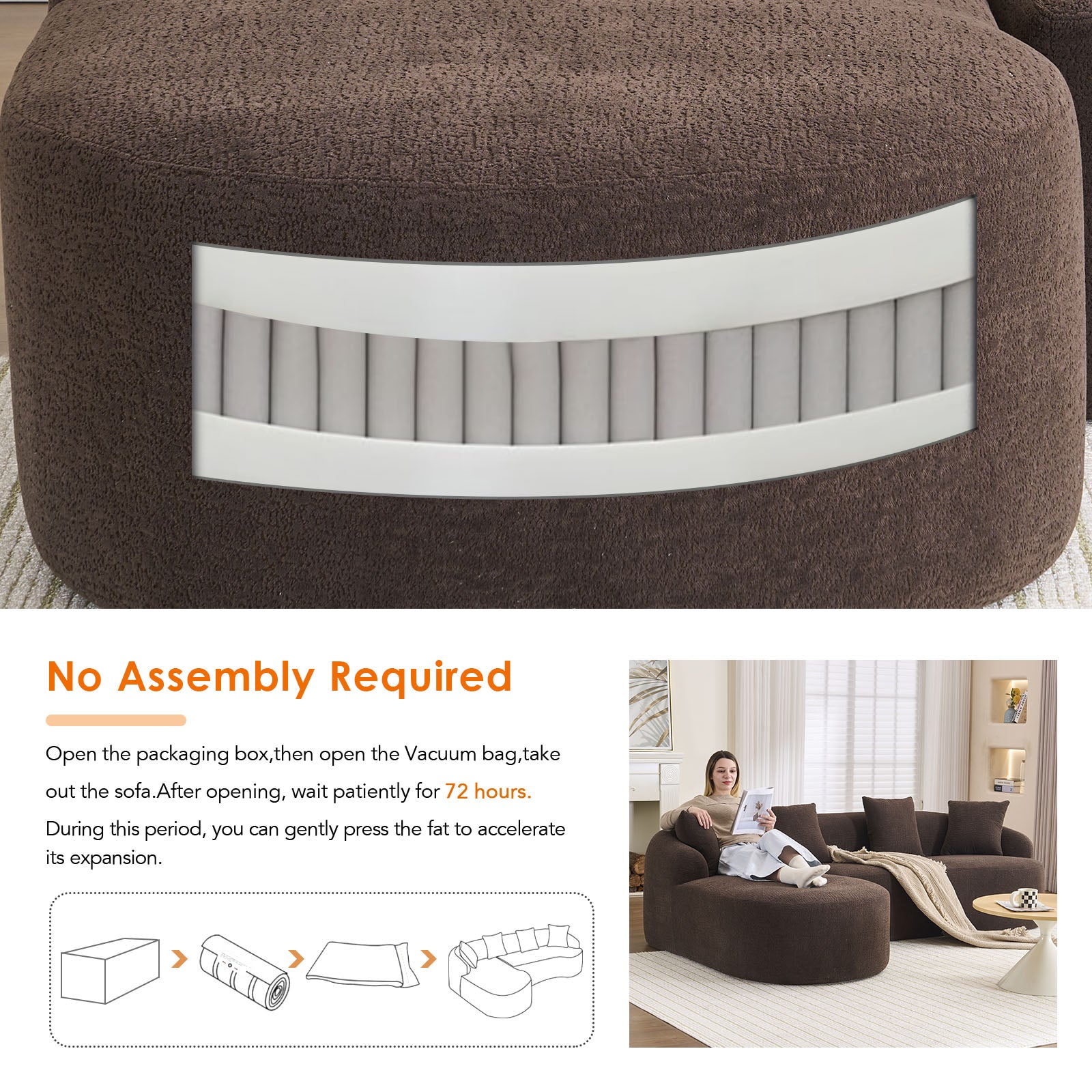 Compression Sponge L-Shape Sectional Sofa with Curved Chaise