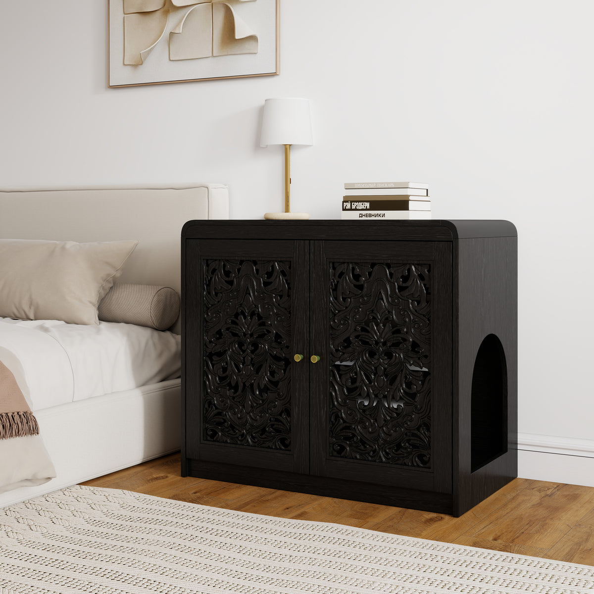 Black Hollow‑Carved Cat Litter Box Enclosure Cabinet, Multi‑Purpose Sideboard with Vent & Large Cat Entry for Living Room & Entryway. Note: Litter box and cat mat not included.