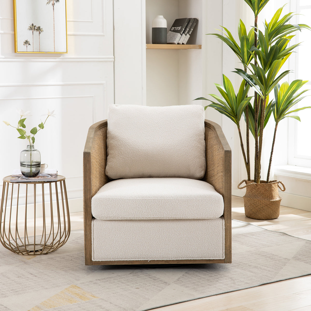 Swivel Barrel Chair, Beige Boucle, 360-Degree Rotation