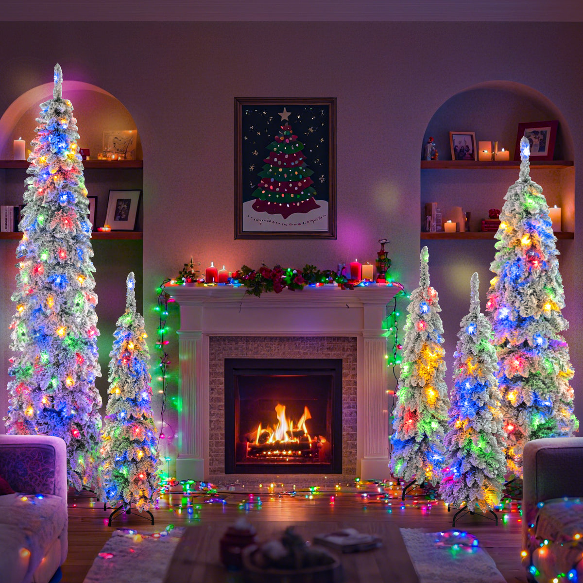 5-Piece Pre-Lit Pencil Christmas Tree Set, 8ft/6ft/4ft, Snow-Flocked, 350 LED Lights