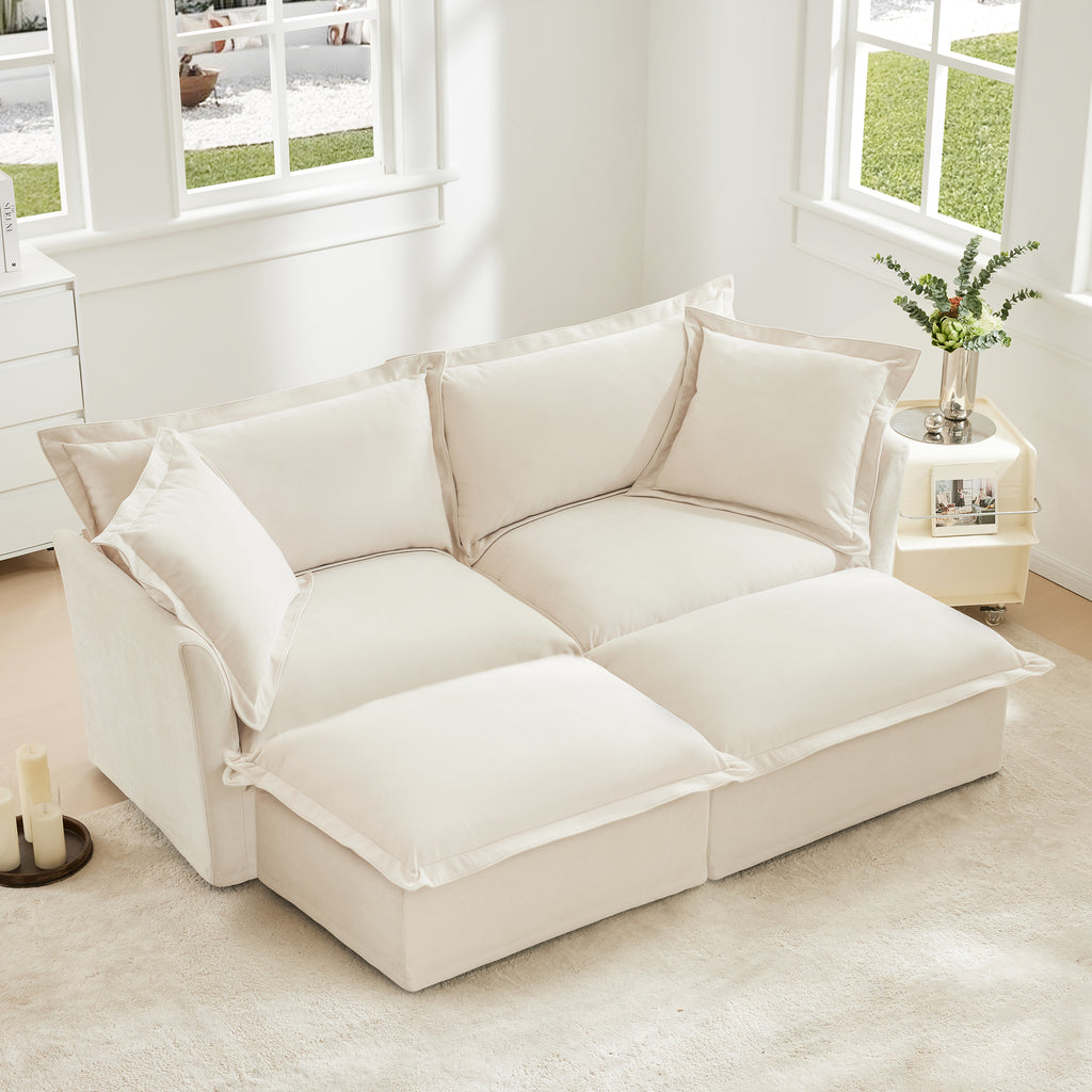 Chenille Slipcovered 2 Seater Sofa with 2 Ottomans