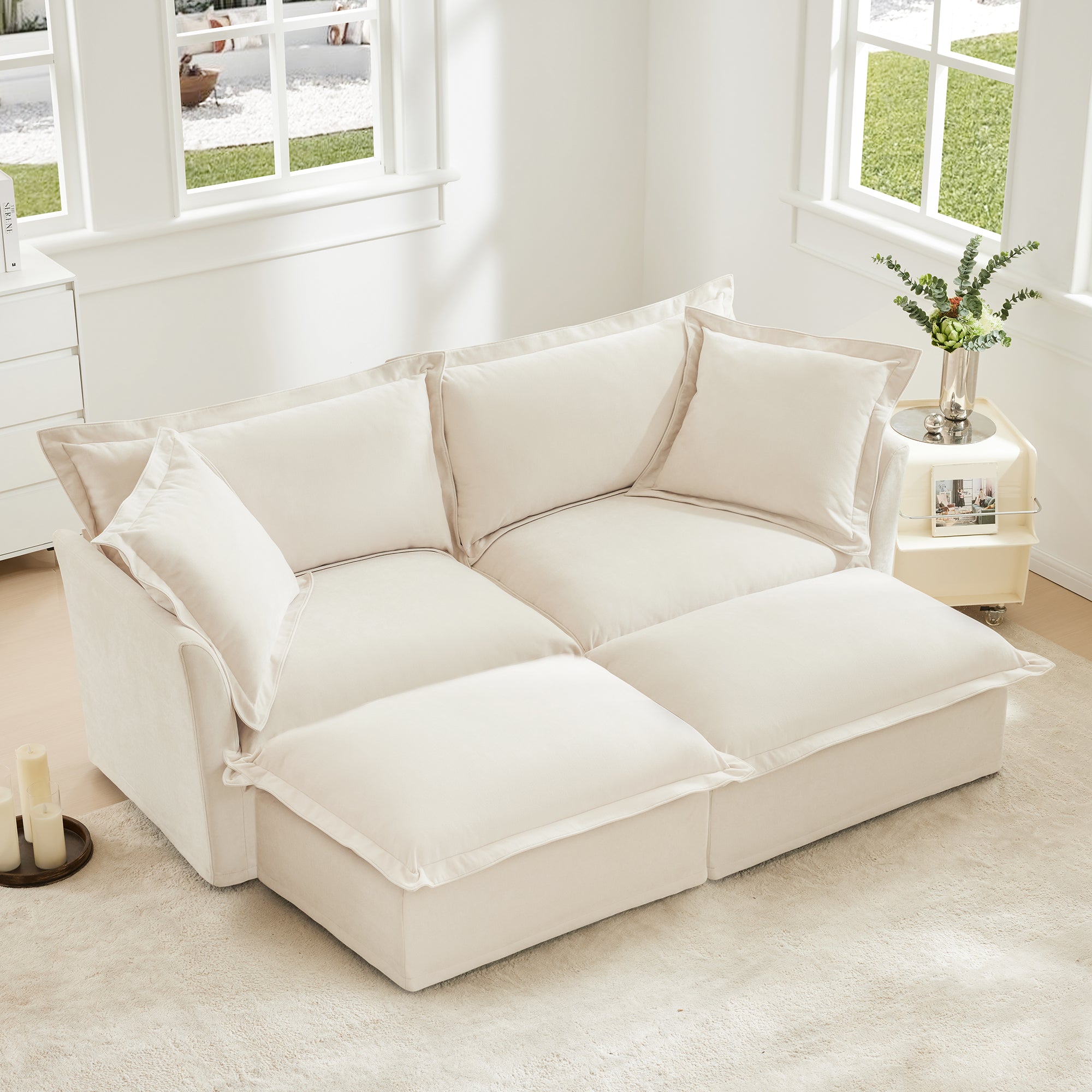 Chenille Slipcovered 2 Seater Sofa with 2 Ottomans