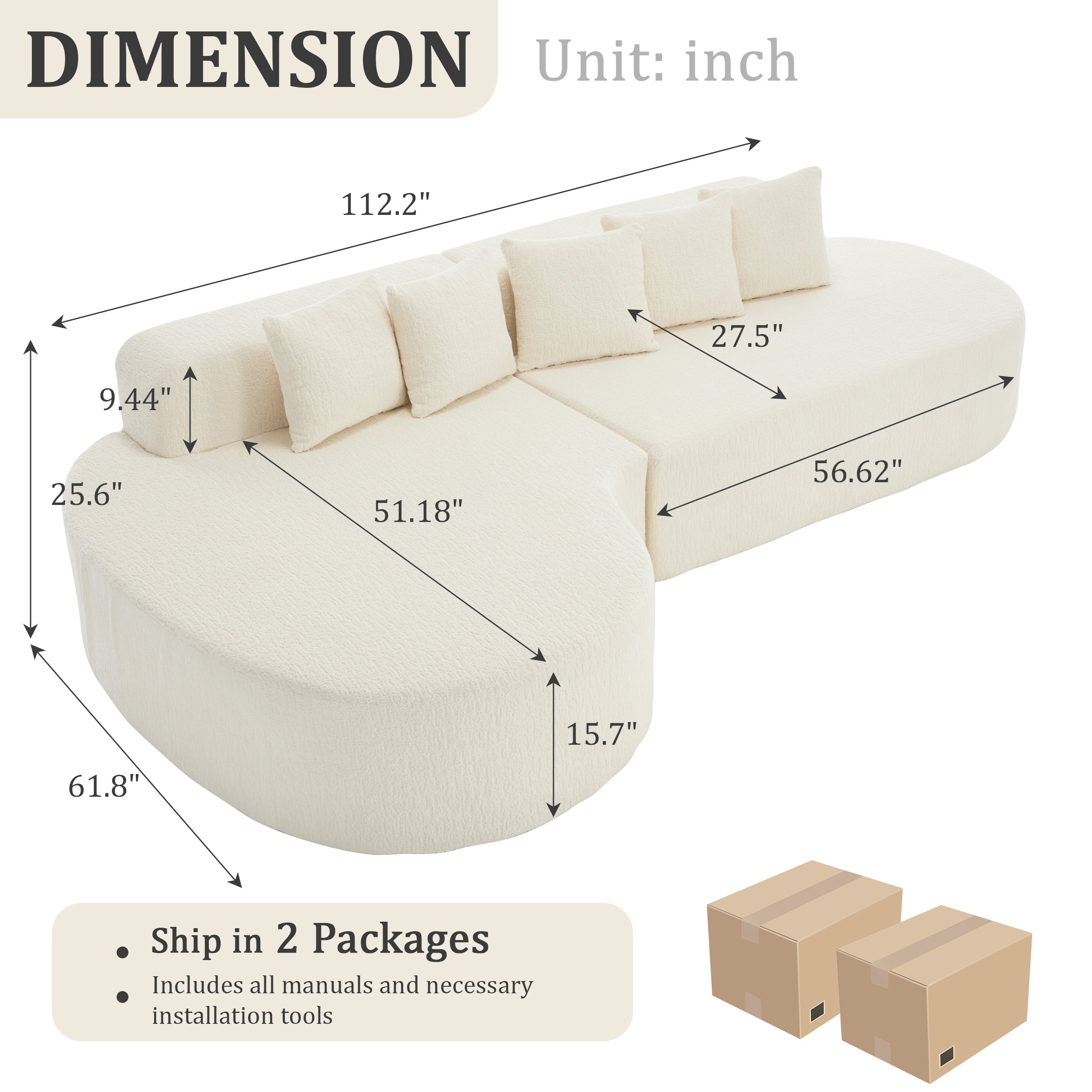 Boneless Curved Sectional Sofa with Pillows - White