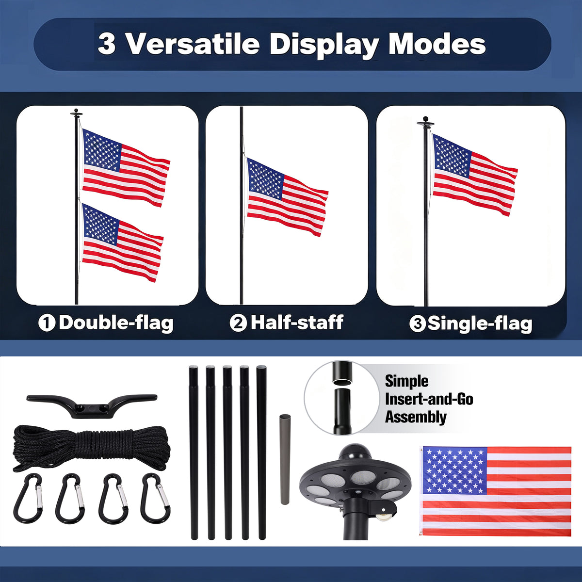 20FT Heavy Duty Flagpole Kit with LED Solar Light