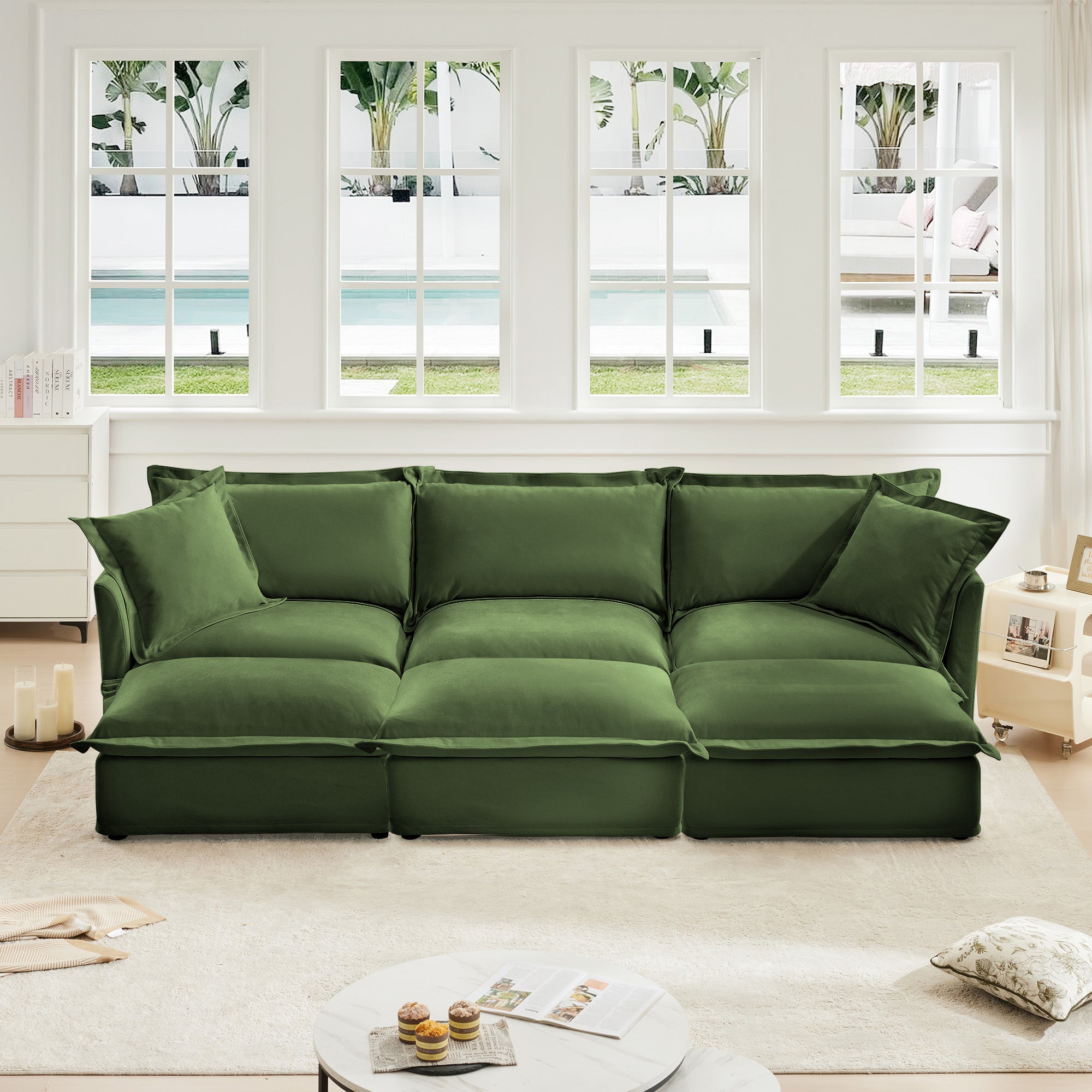 Chenille 3-Seater Slipcovered Sofa with 3 Ottomans