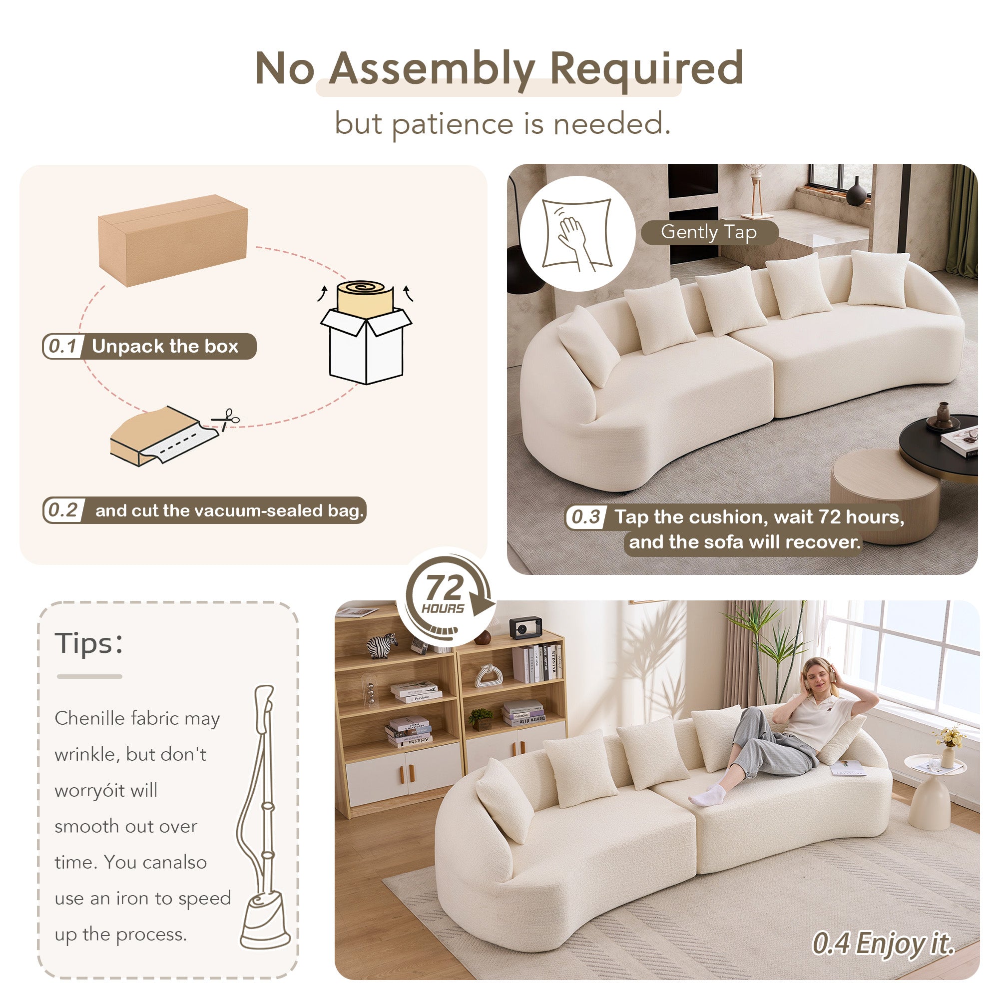 Curved Boneless Sofa, Compression Modular 110'' Sectional