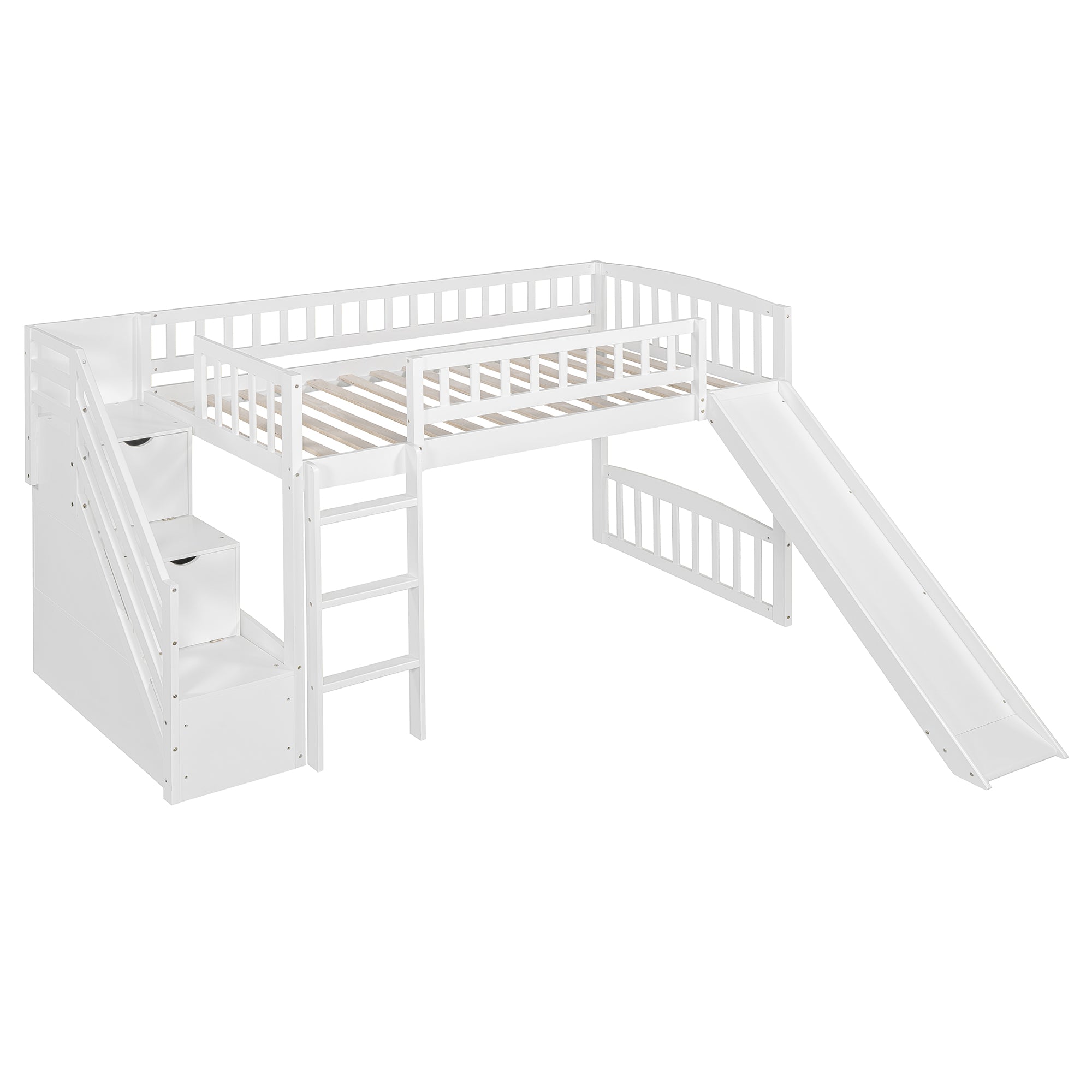 Stairway Twin Size Loft Bed with Two Drawers and Slide, White