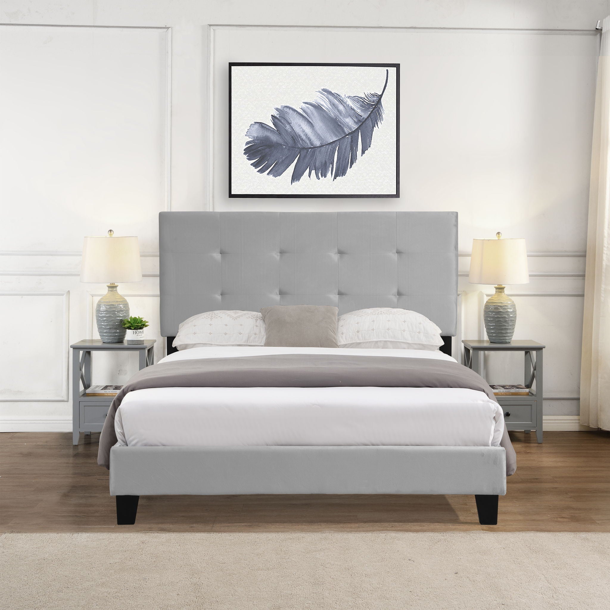Full Size Upholstered Platform Bed Frame With Tufted Headboard - Gray