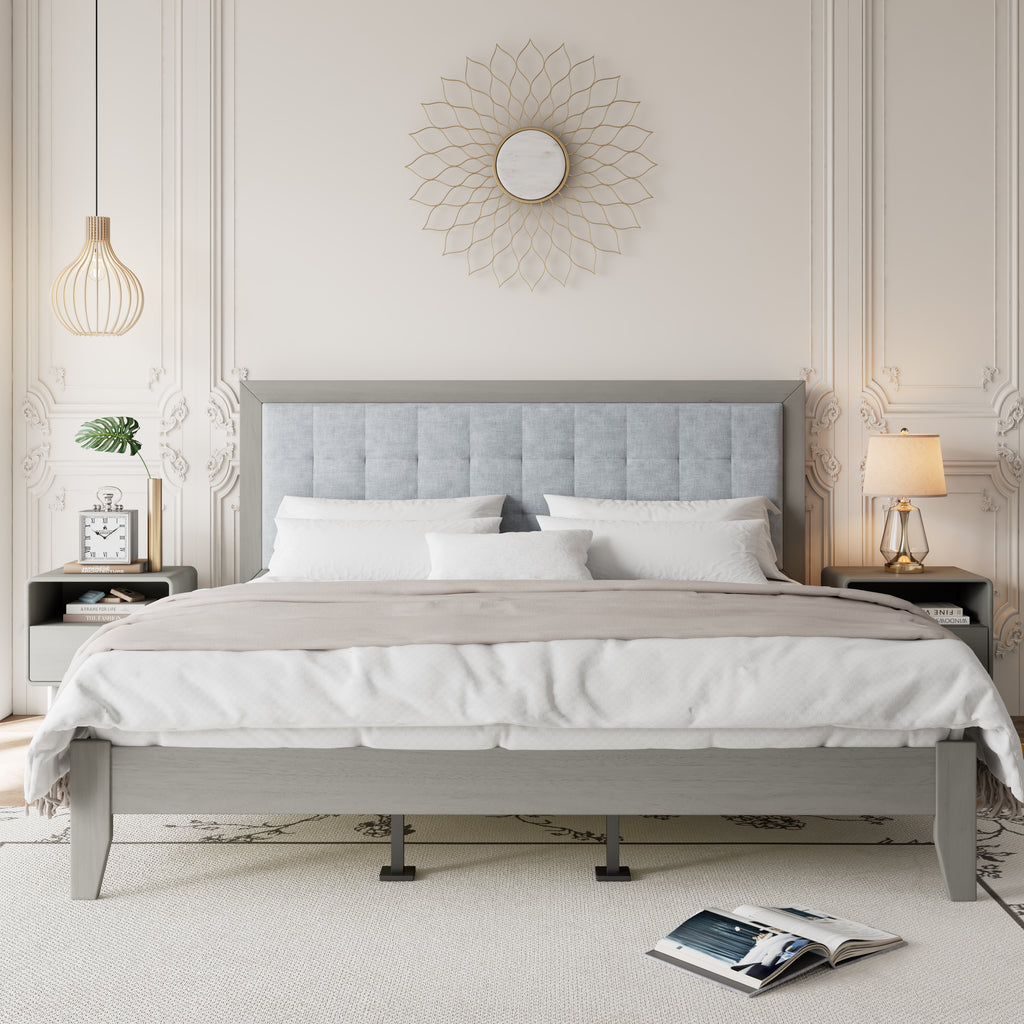 Solid Wood Platform Upholstered Headboard King Bed
