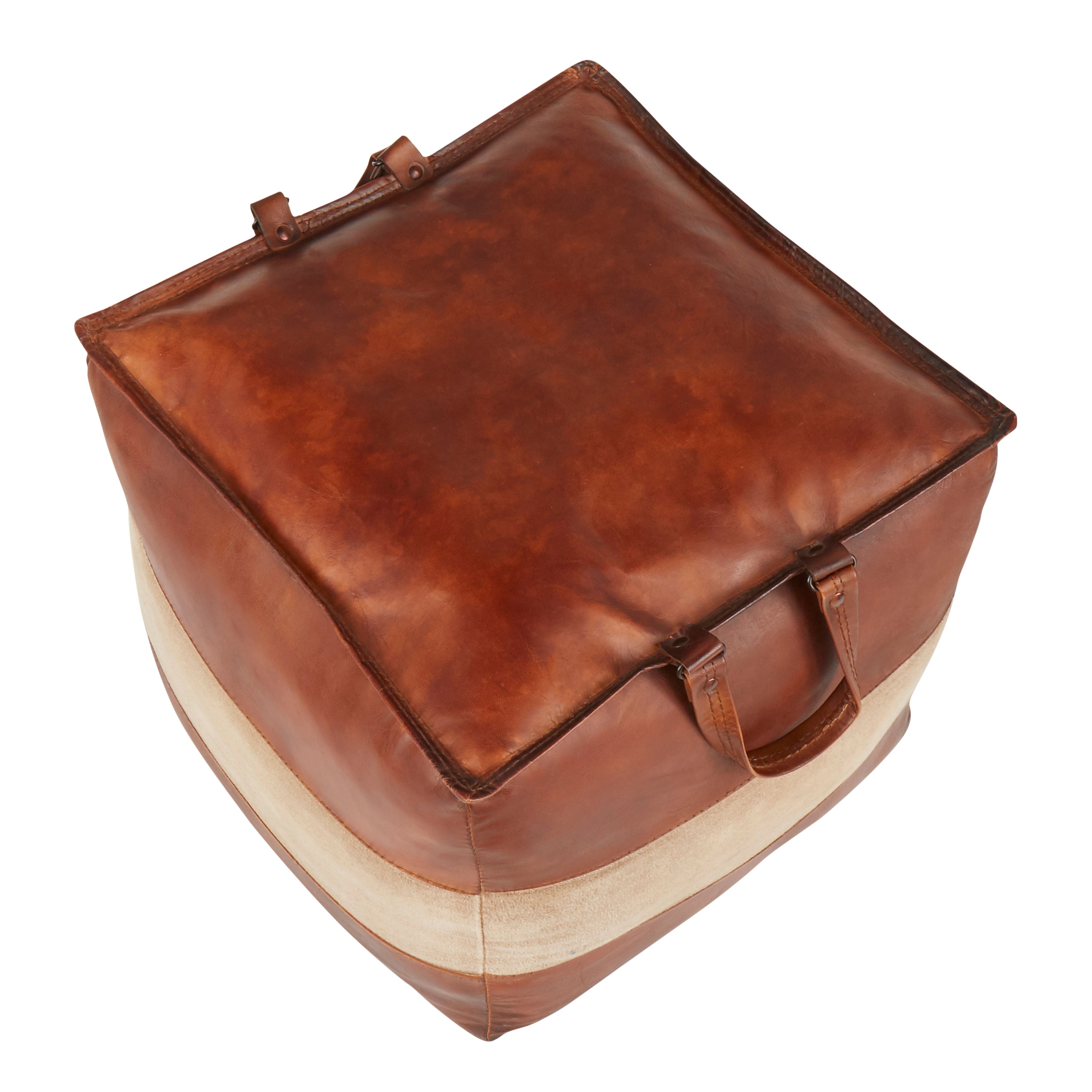 Earthy Leather and Canvas Ottoman
