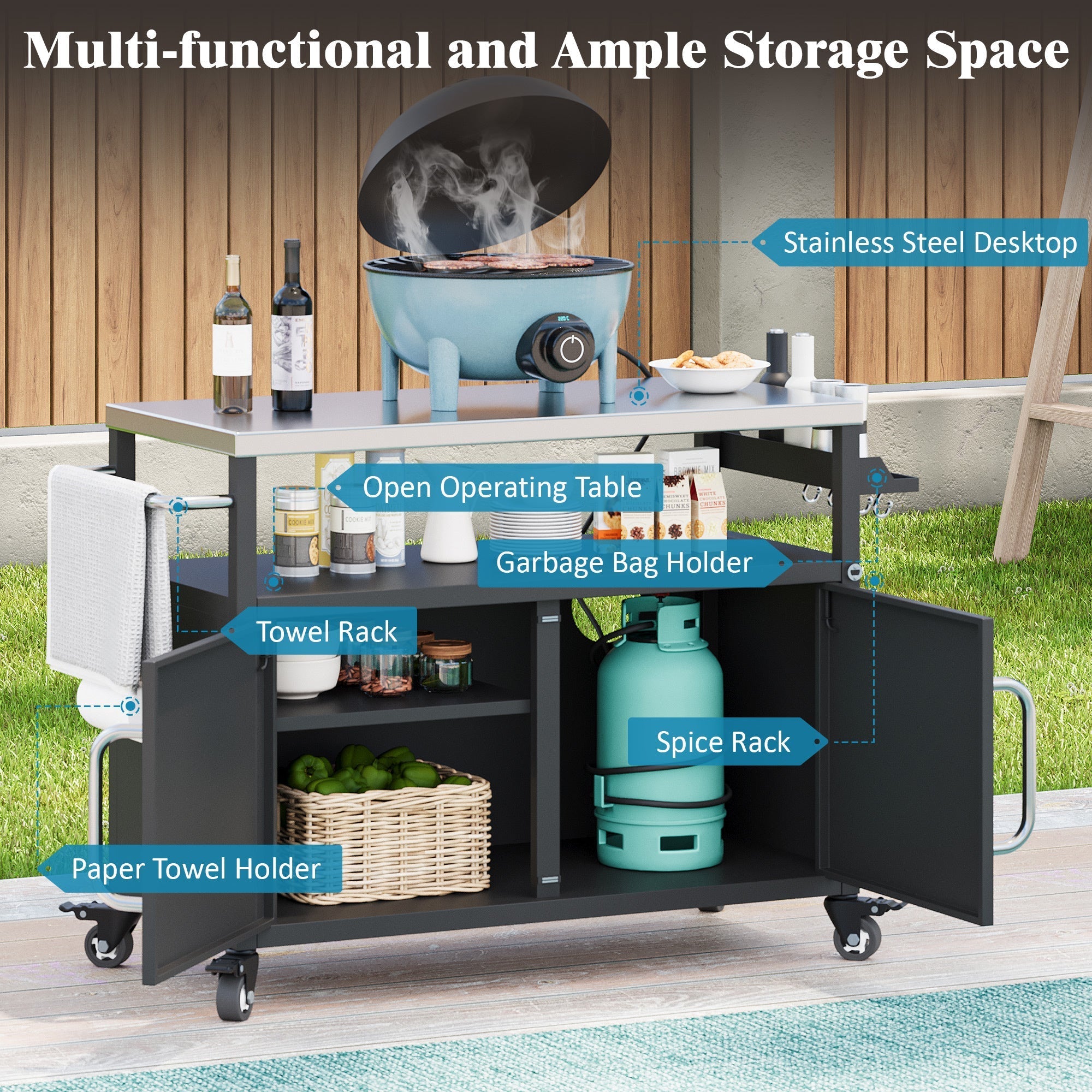 K&K 54.5 Inch Outdoor Kitchen Island with Stainless Steel Tabletop