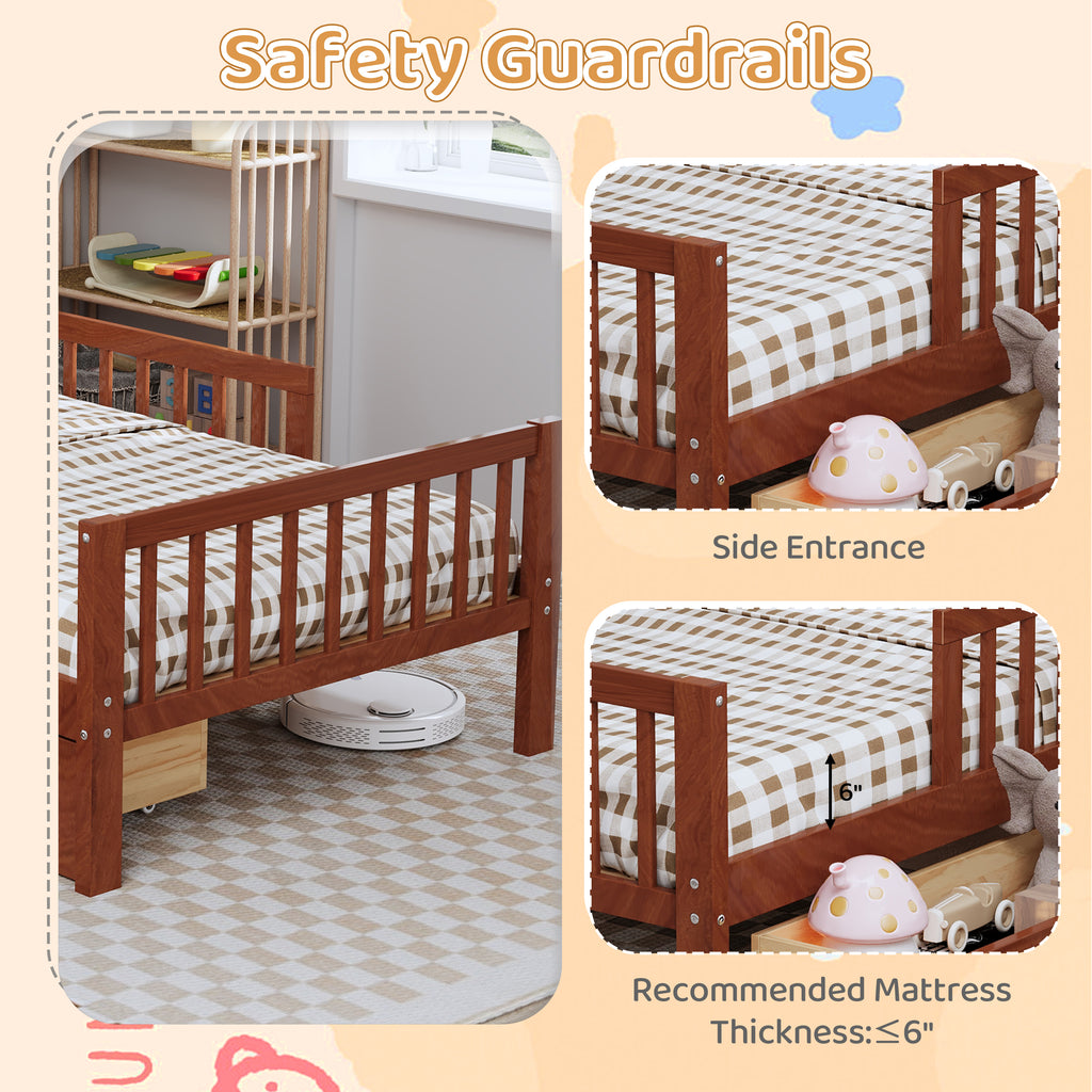 Twin Size Bed with Headboard Storage Rack, Two Under-Bed Drawers