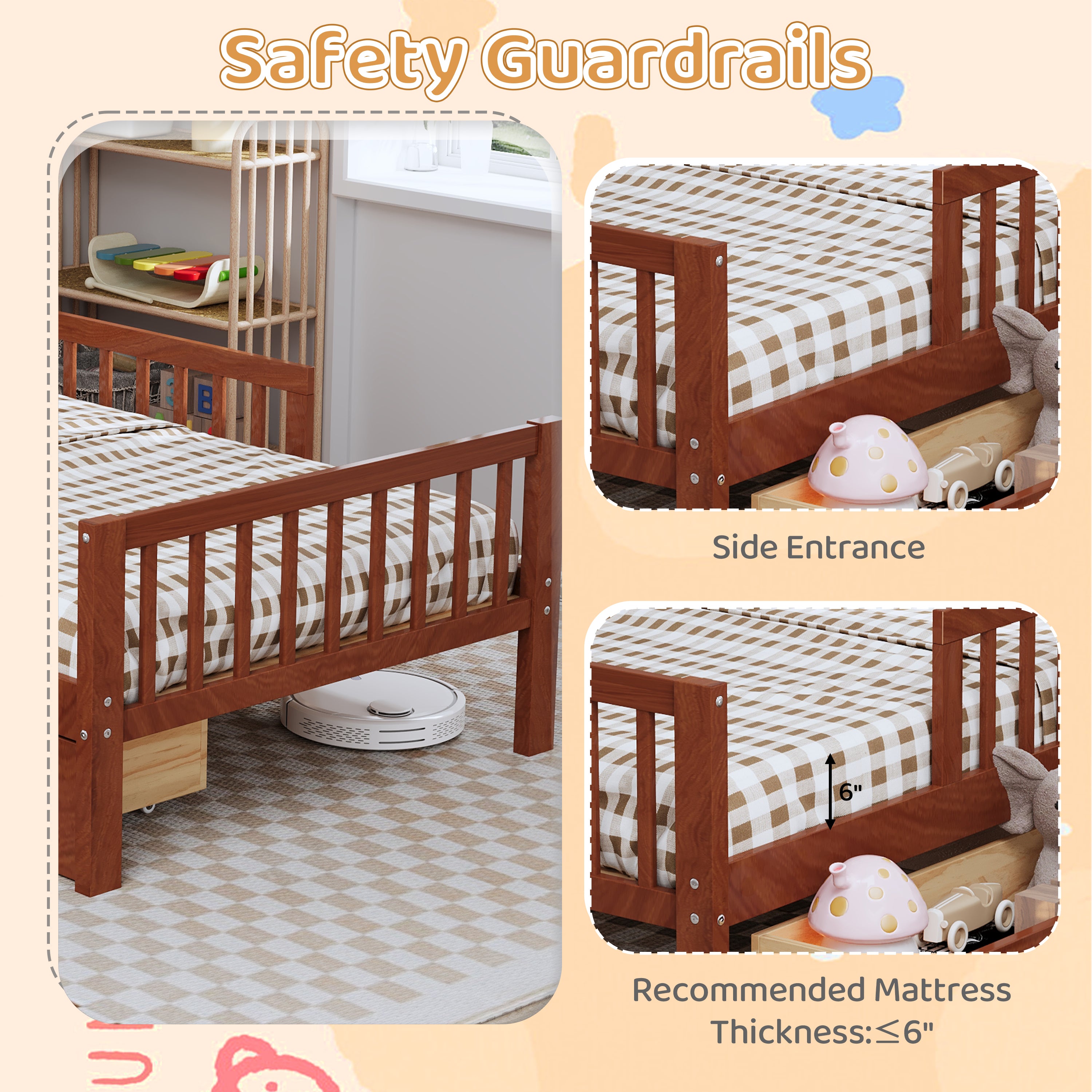 Twin Size Bed with Headboard Storage Rack, Two Under-Bed Drawers