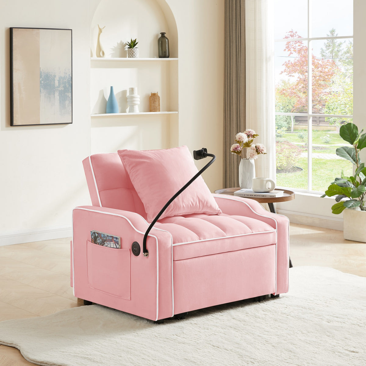 3-in-1 Convertible Sleeper Chair, Pink Velvet with USB Charging