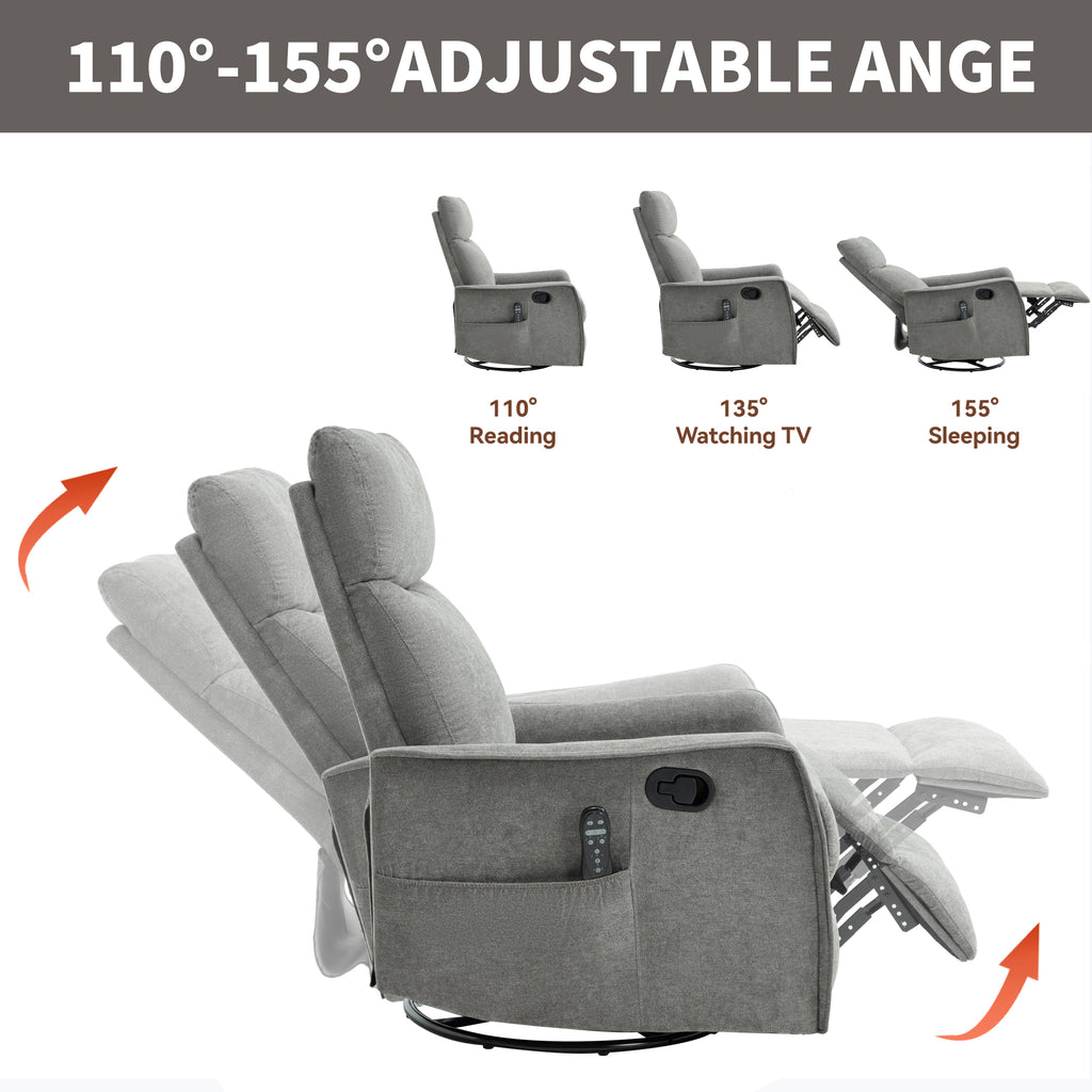 Heat Massage Manual Recliner Chair with Rocker and Swivel in Fabric